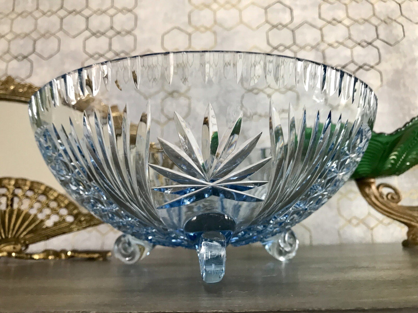 Antik EDEL blau Art Déco Schale Glasschale mundgeblasen geschliffen 3füssig