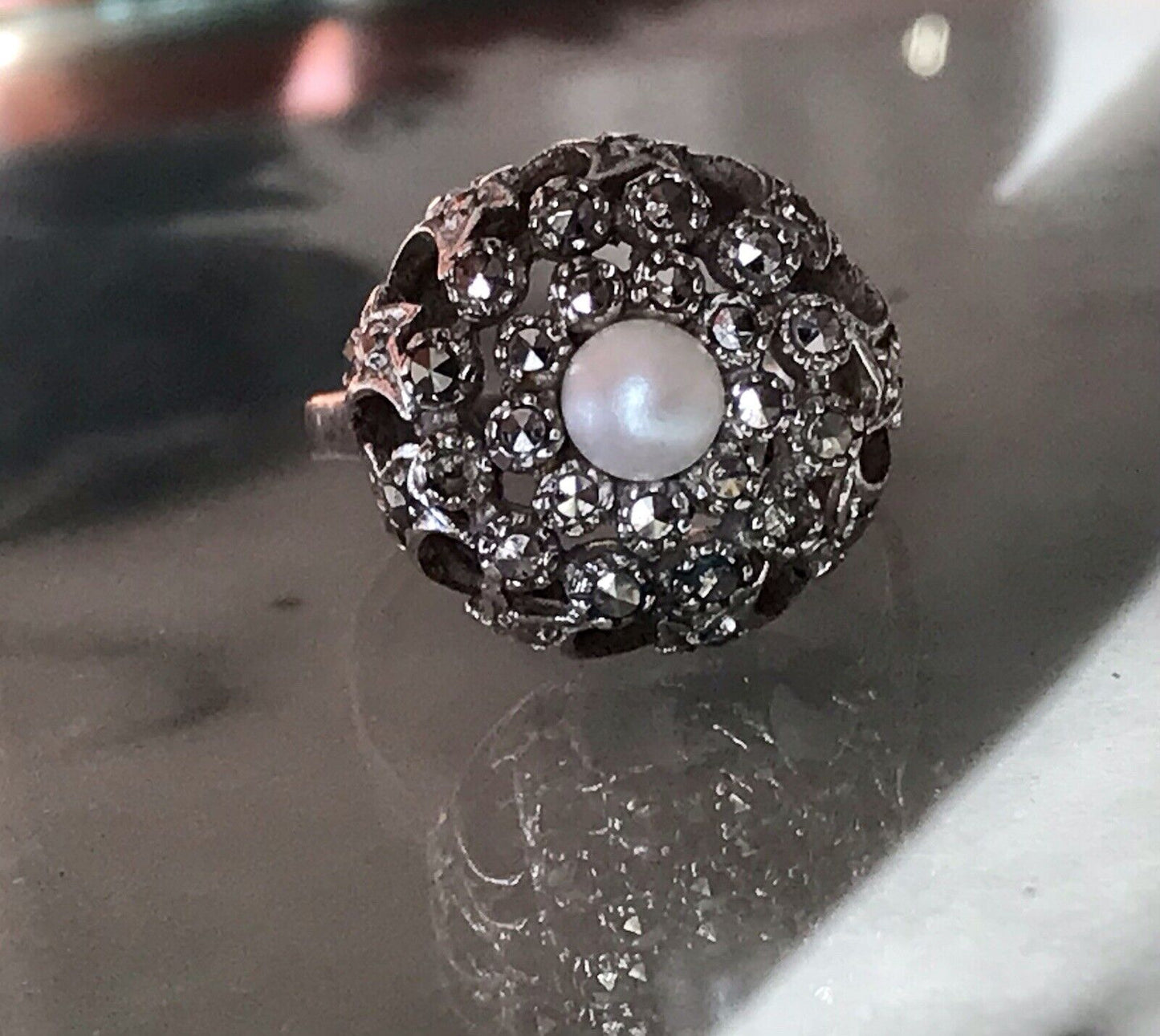 Antik Edel DAMEN Entourage RING Silber 835 Perle Markasite Gr.52