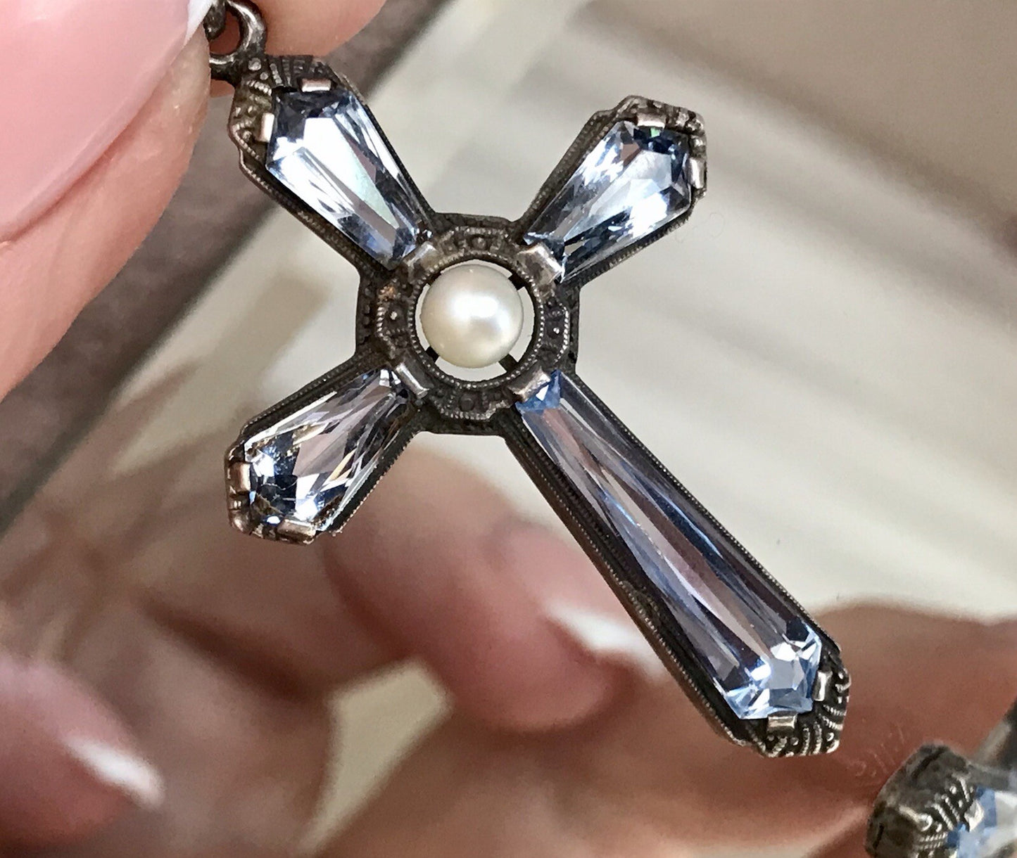 Antik Edel Art Déco Silber Kreuz Anhänger Kettenanhänger blaue Steine Aquamarin?