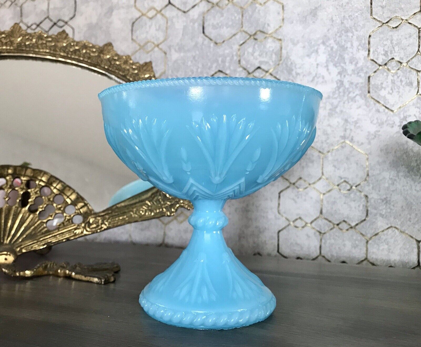 Antik Jugendstil Art Déco Pressglas Schale Fußschale Zuckerschale blau türkis