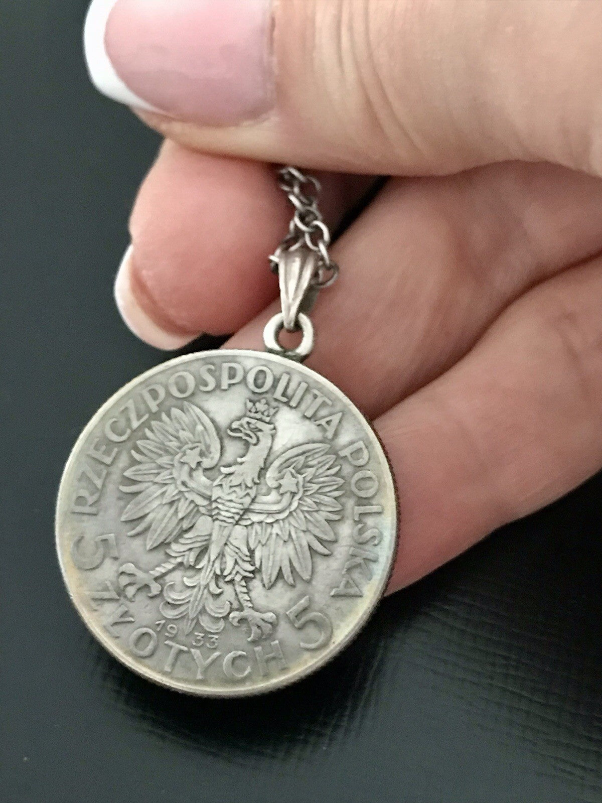 Antik Halskette Münze Jadwiga Polen 1933 Anhänger Kettenanhänger Silber 835