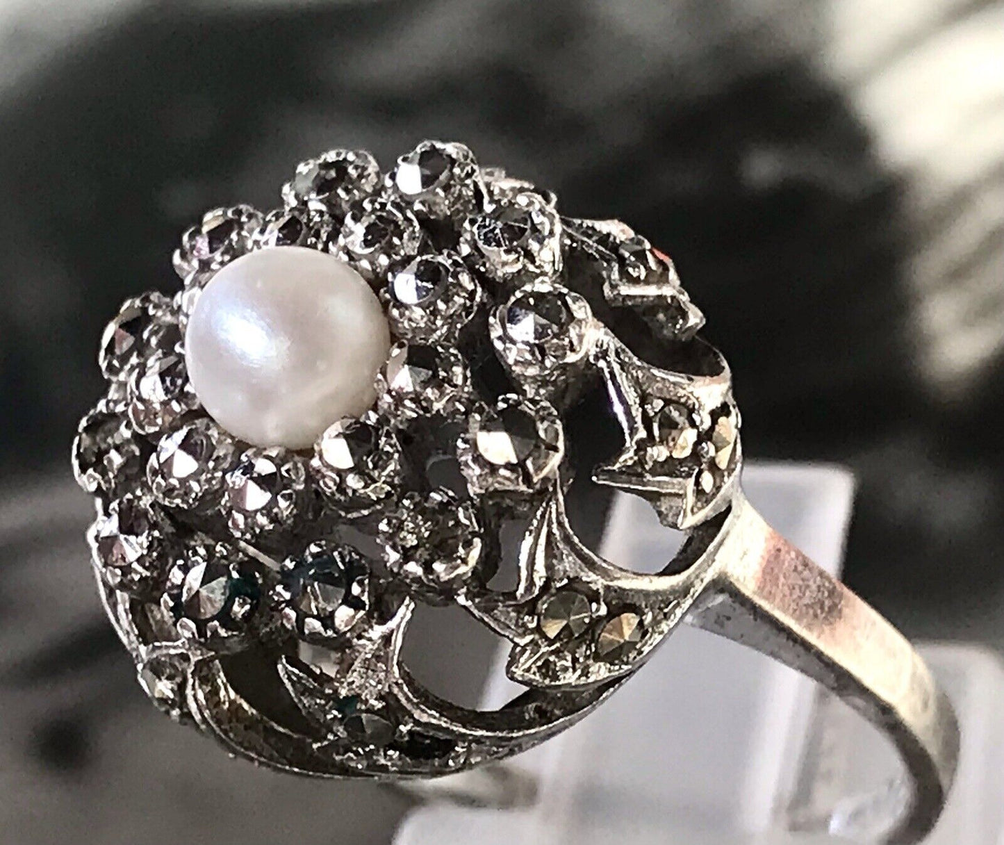 Antik Edel DAMEN Entourage RING Silber 835 Perle Markasite Gr.52