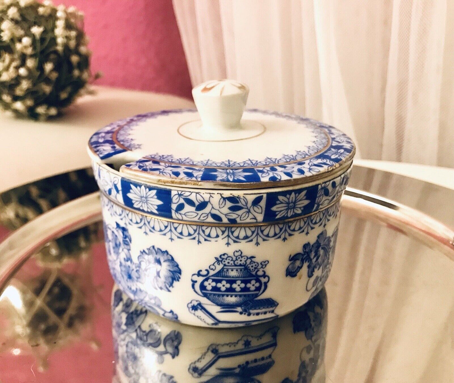 Antik Art Déco Porzellan Deckeldose Dose China Blau Oscar Schaller ??