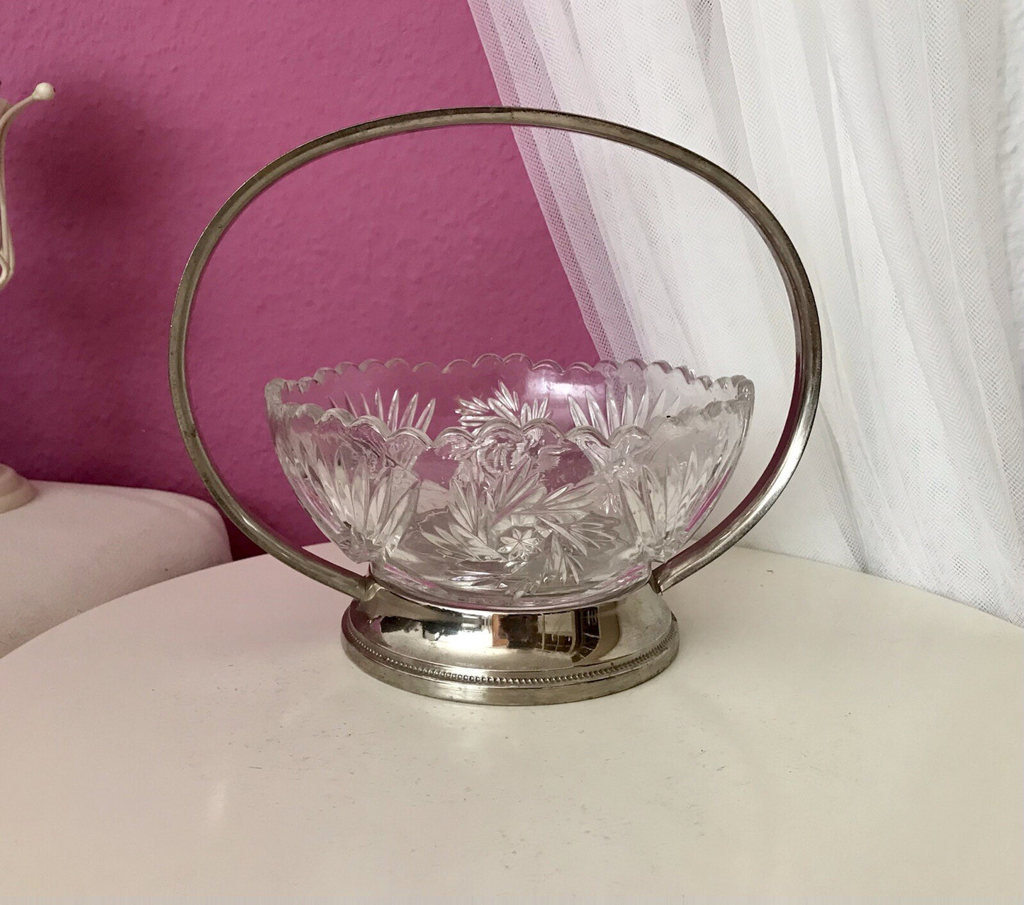 Antik Art Déco Schale Tafelaufsatz Pressglas Metallmontur Korb