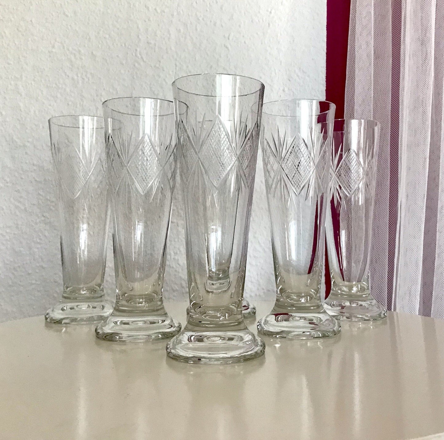 Antik 6x Fußbecher Fußrand-Becher mundgebl. Pokalgläser Kristallglas? Schliff
