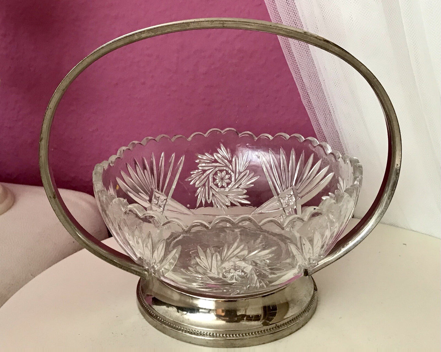 Antik Art Déco Schale Tafelaufsatz Pressglas Metallmontur Korb