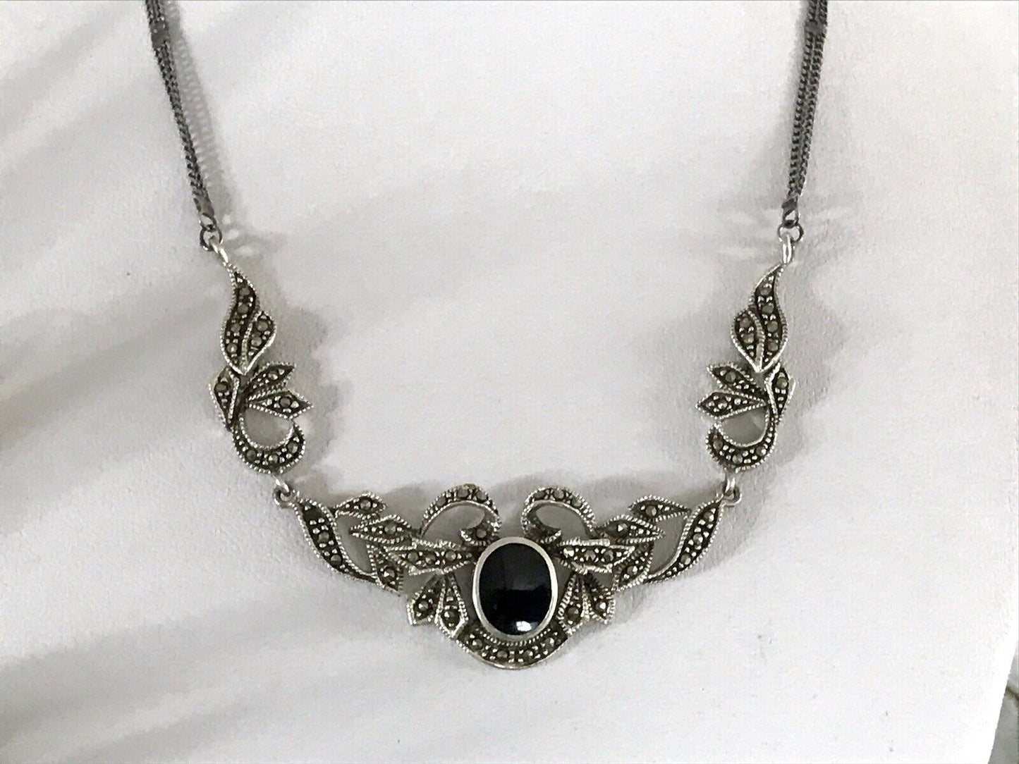 Antik Edel Jugendstil Art Déco 925 Silber Collier Halskette mit Onyx & Markasite