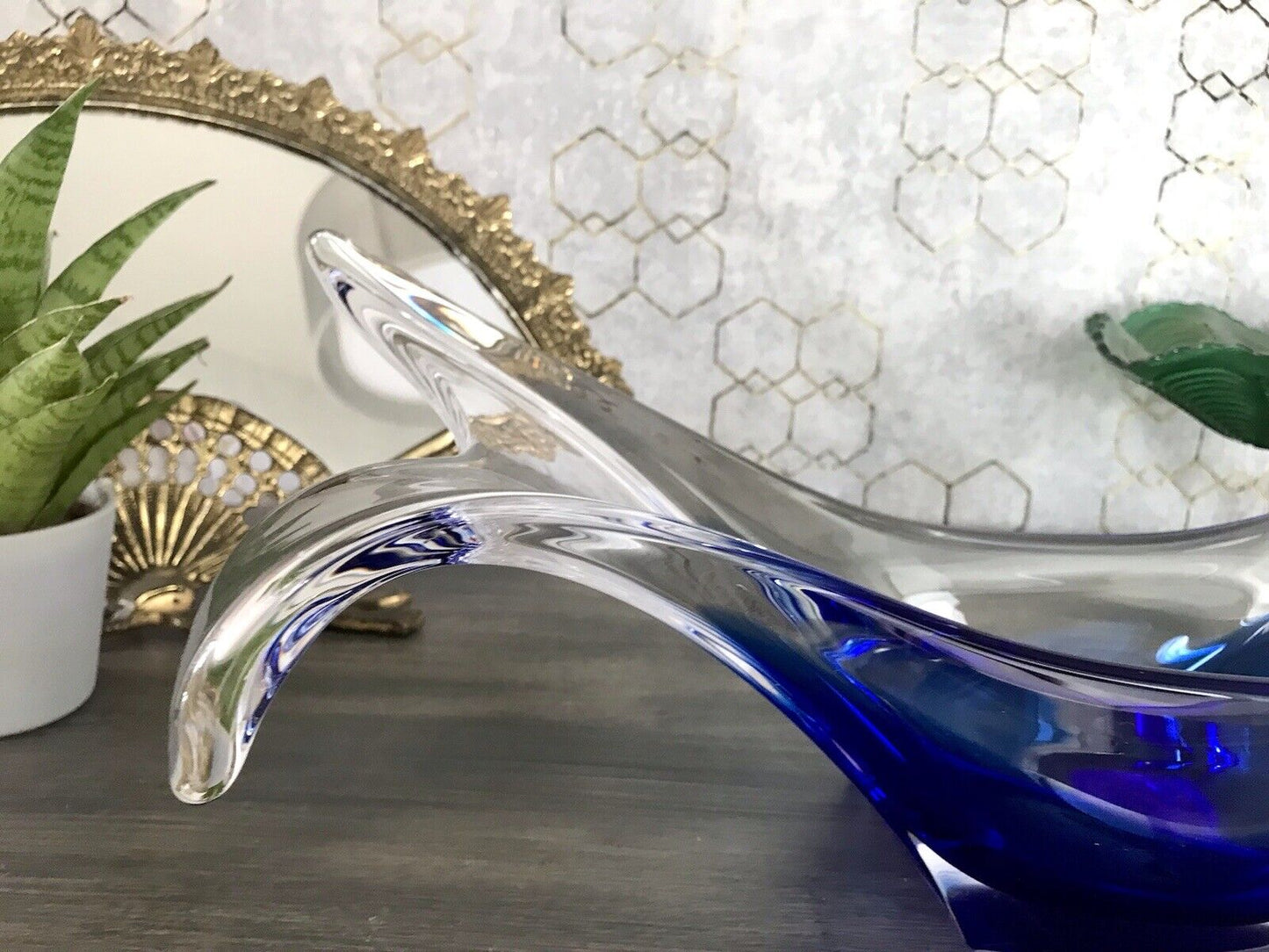 Murano 60er 70er Jahre Schale Glas zipfelig blauer Zwischenfang im Klarglas