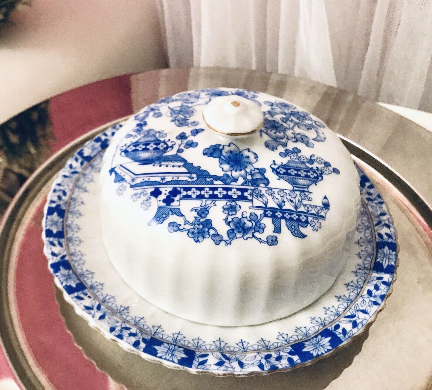 Antik Art Déco Porzellan Butterdose Dose China Blau