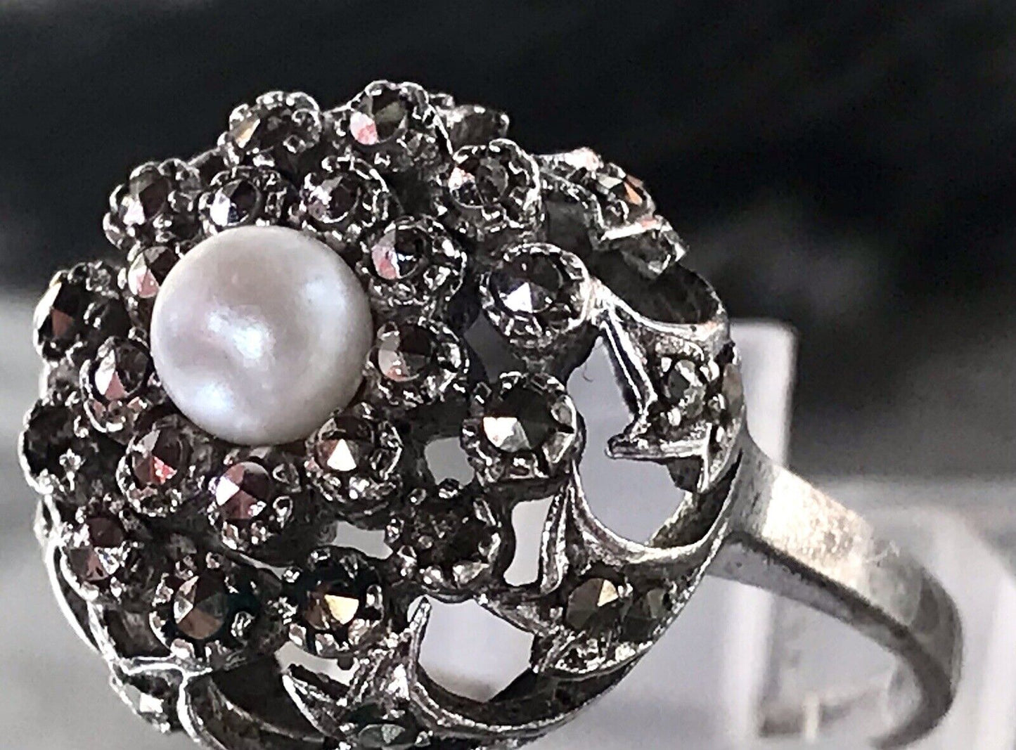 Antik Edel DAMEN Entourage RING Silber 835 Perle Markasite Gr.52