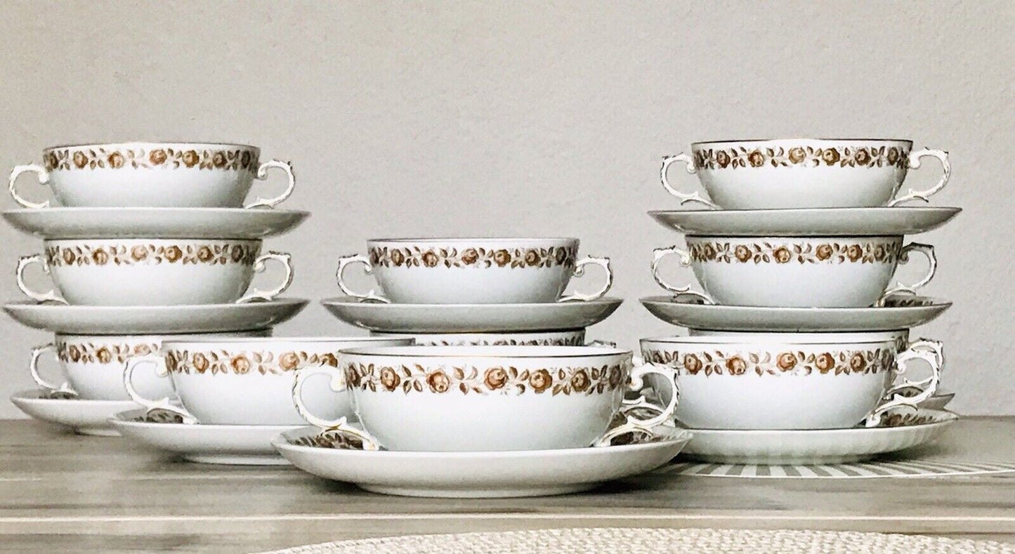 Vintage Porzellan Tafelservice Fürstenberg 12 Suppentassen weiß braun gold
