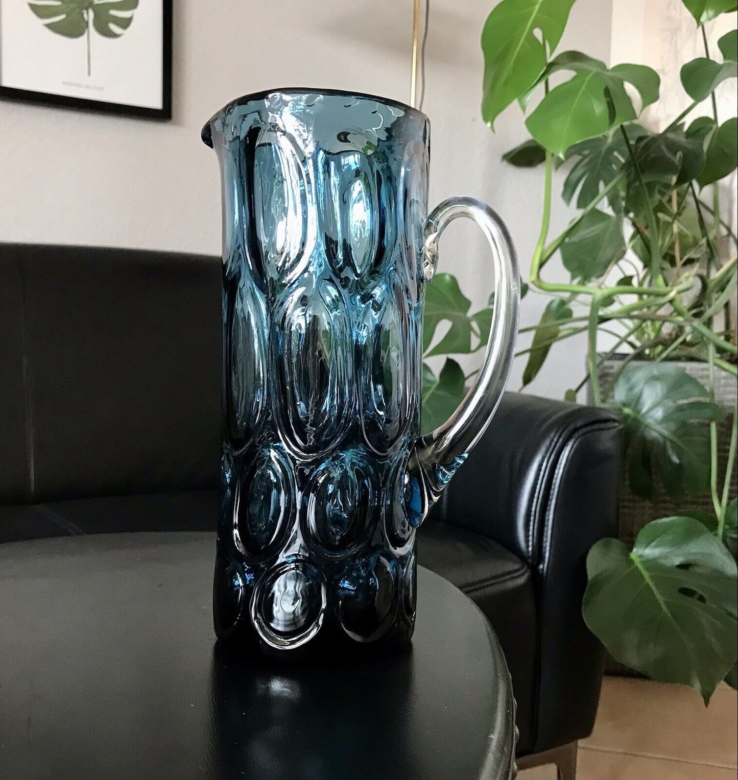 Vintage Designer 60er Krug Kanne Karaffe Space Age Glas Bubble Struktur blau