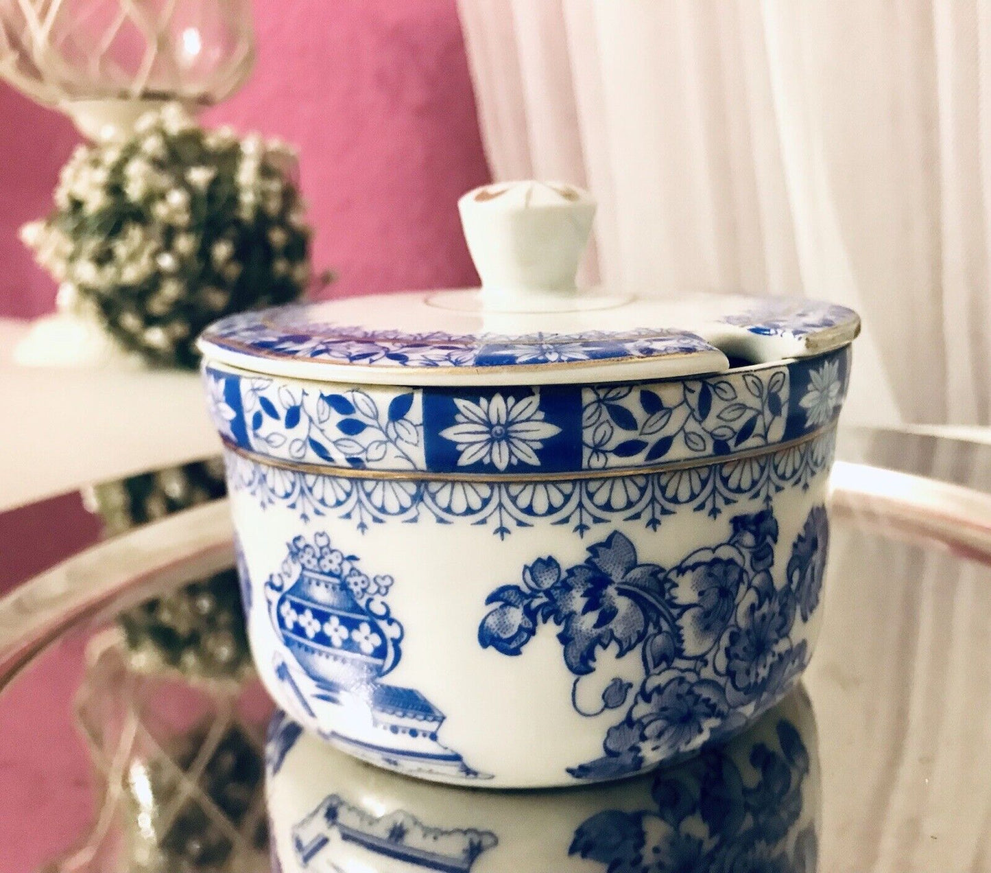 Antik Art Déco Porzellan Deckeldose Dose China Blau Oscar Schaller ??