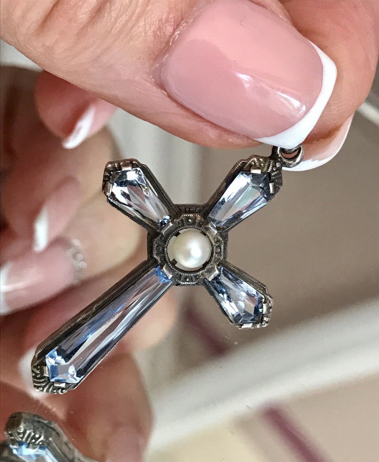 Antik Edel Art Déco Silber Kreuz Anhänger Kettenanhänger blaue Steine Aquamarin?