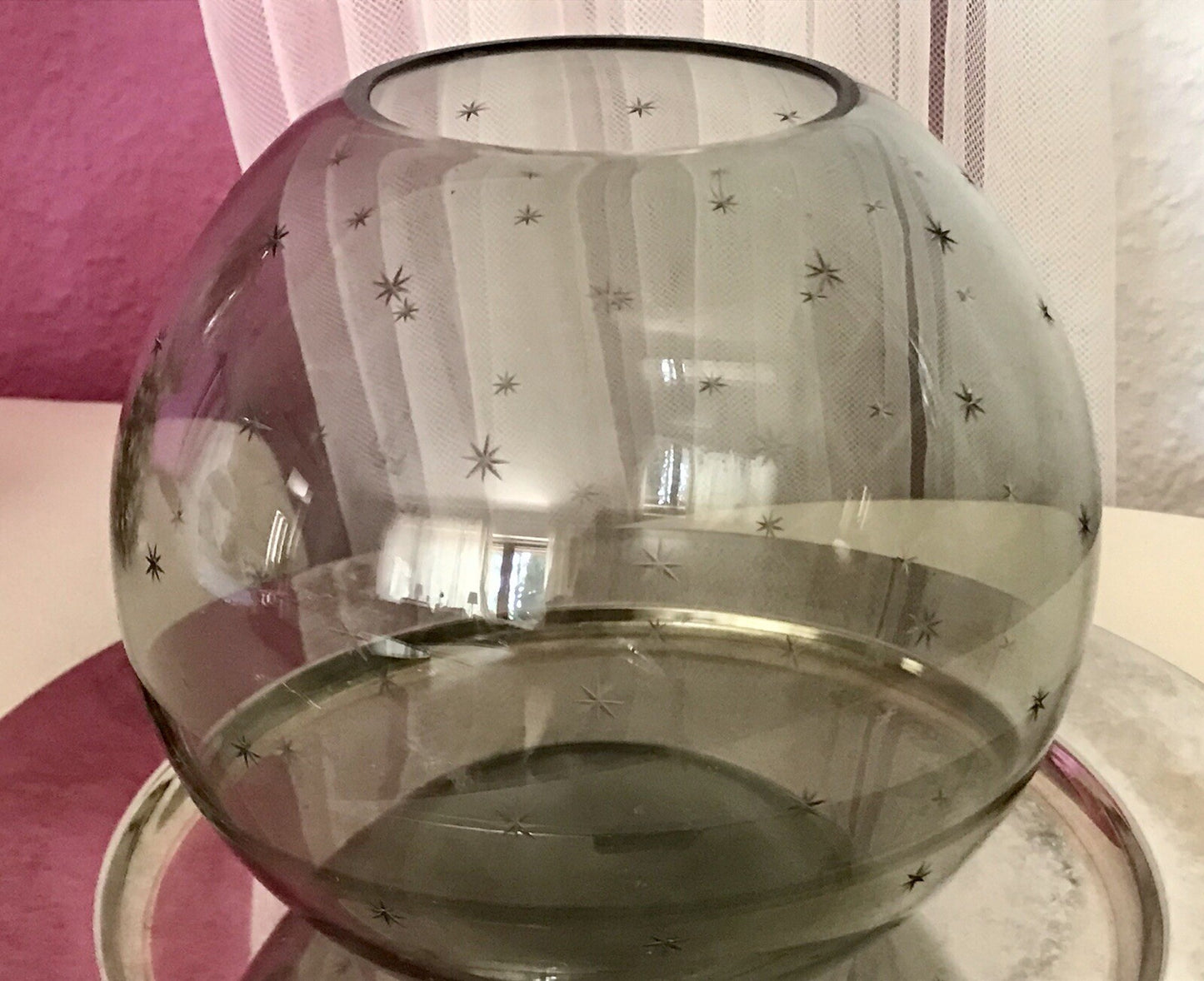 Alt Vintage Glasvase Glas Rauchglas Vase Mid century Kugelvase Grau Sternchen