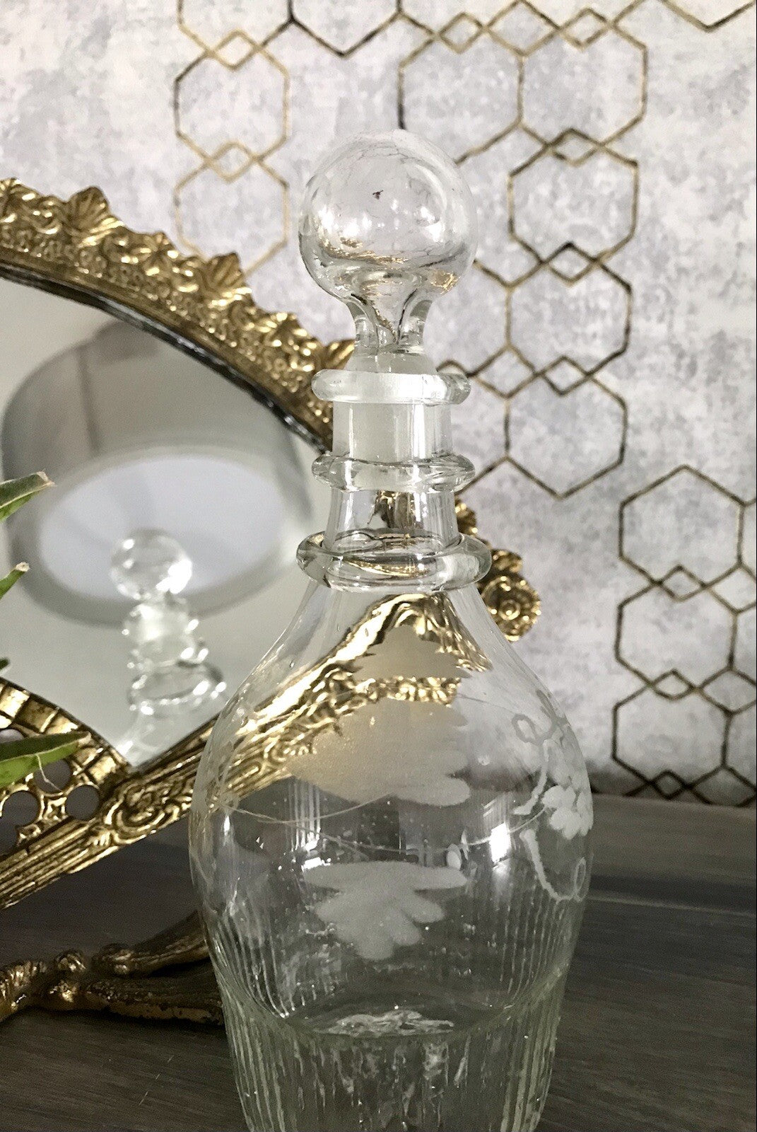 Antik Biedermeier kleine Karaffe Weinkaraffe Dekanter Glas graviert