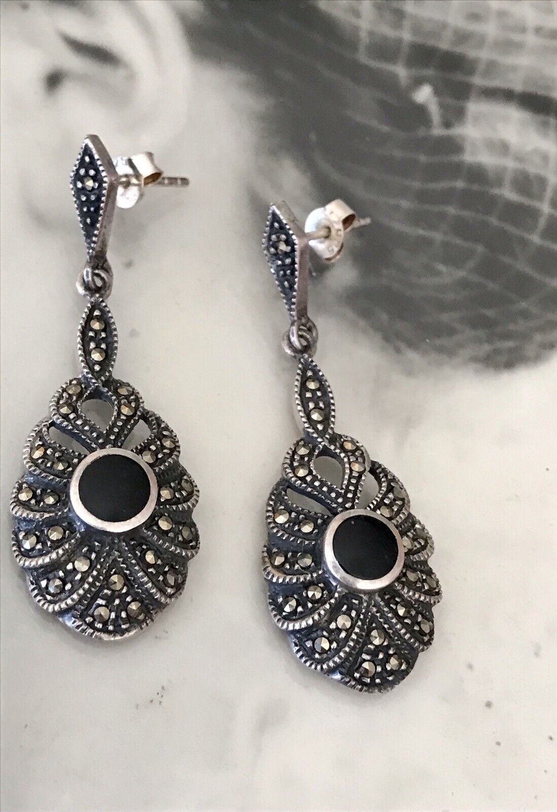 Antik Art Déco Wunderschön Ohrhänger Ohrringe DAMEN Silber 925 Onyx Markasite