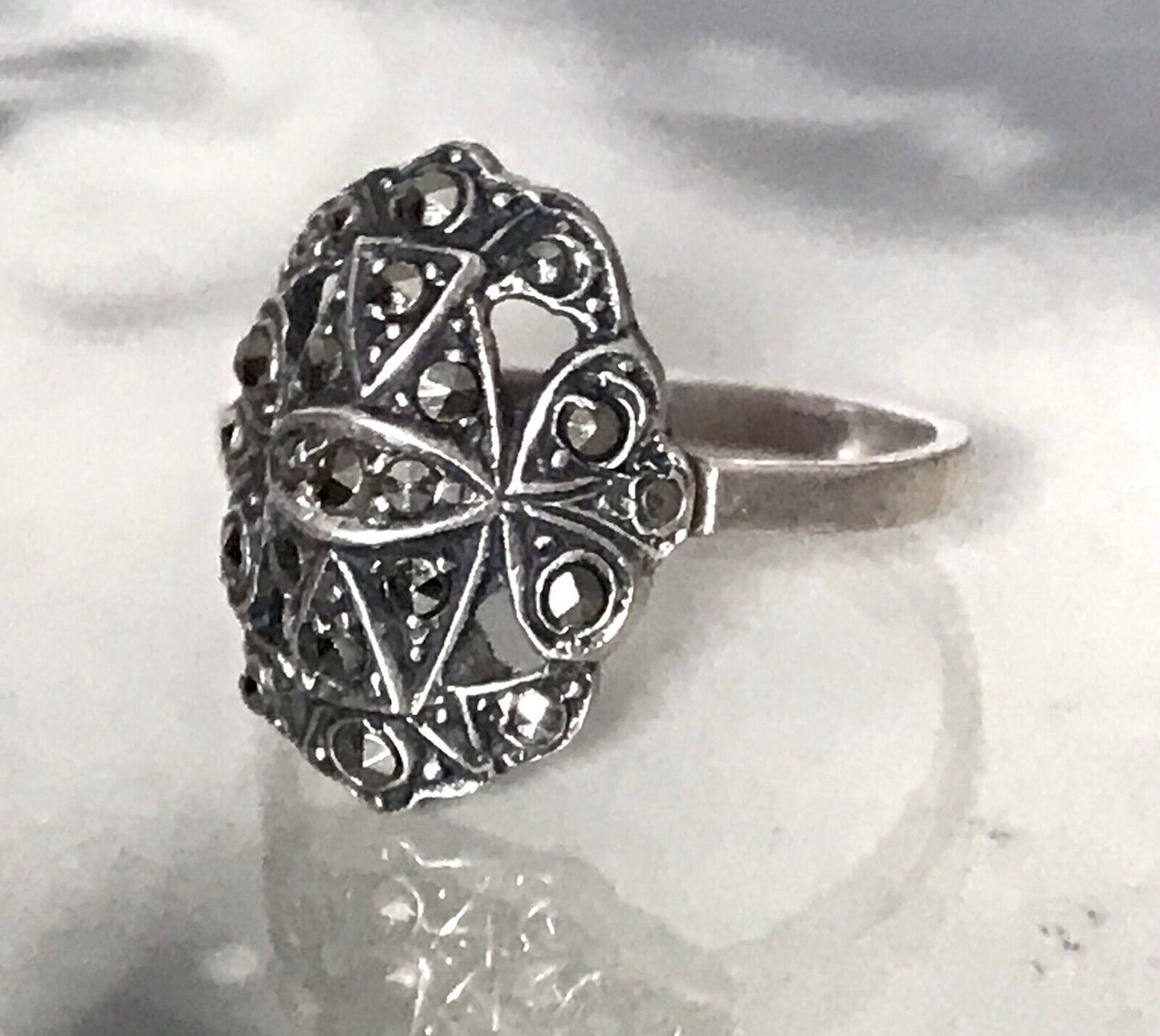 Antik Art Déco Edel Markasite DAMEN RING Silber 925 Gr.52 53 Schiffchen 1,68