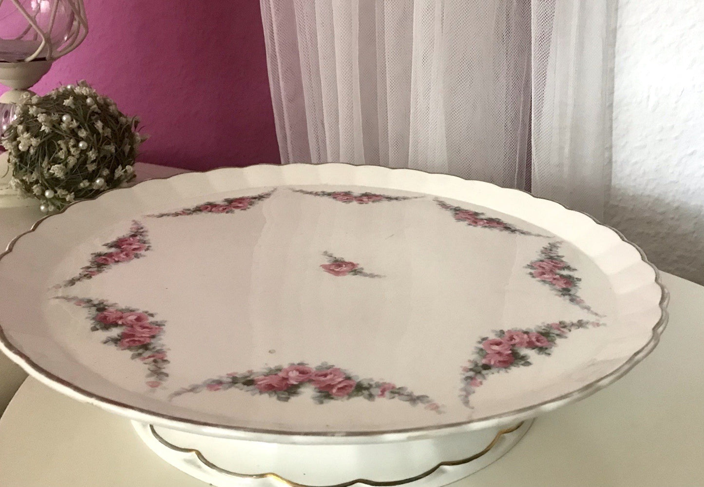 Antik Max Rösler Keramik Tortenplatte Tortenständer Rosen Art Déco