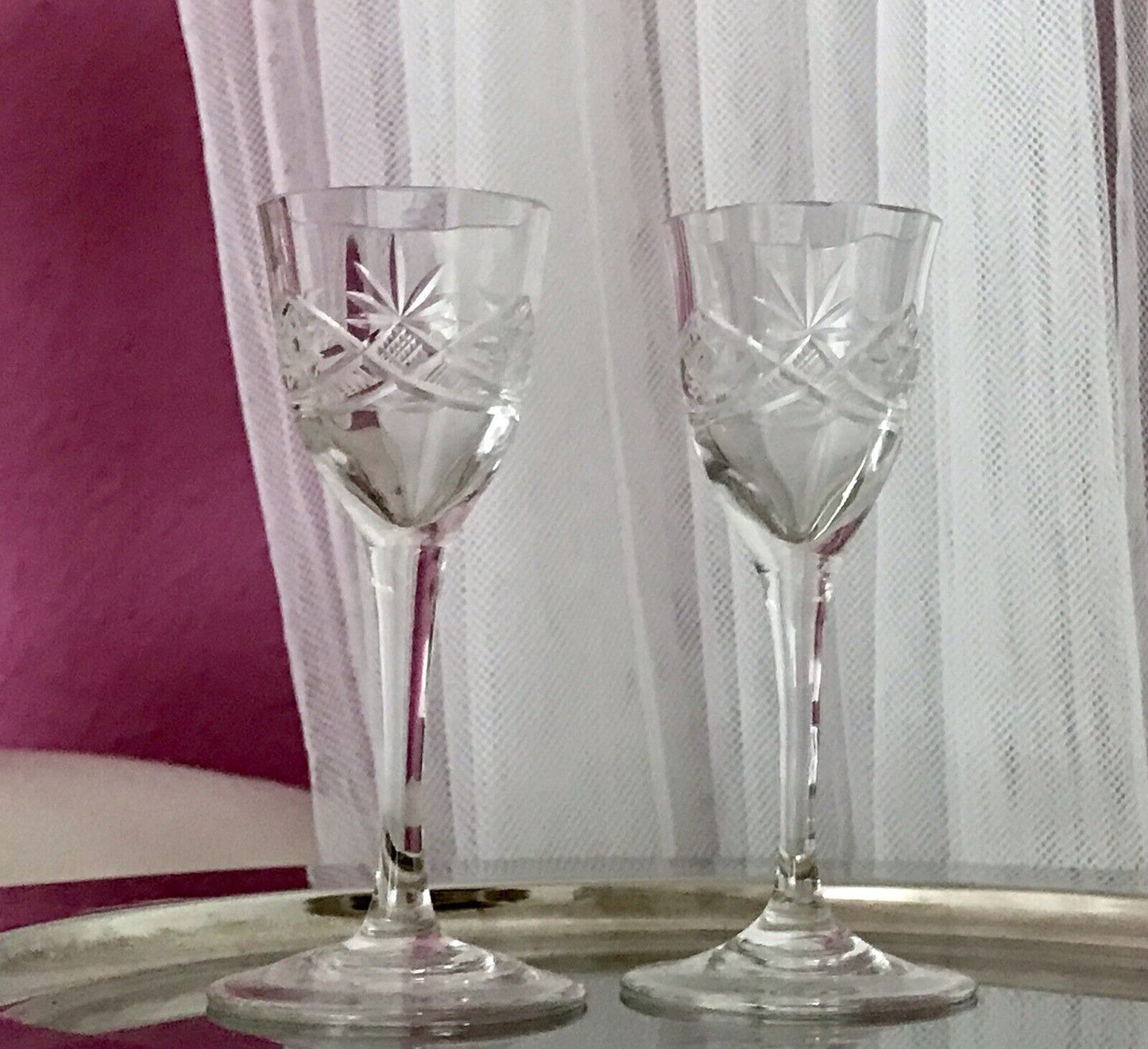 Antik 2 hochstielige Jugendstil Art Déco Likörgläser Kristallglas Schliff EDEL