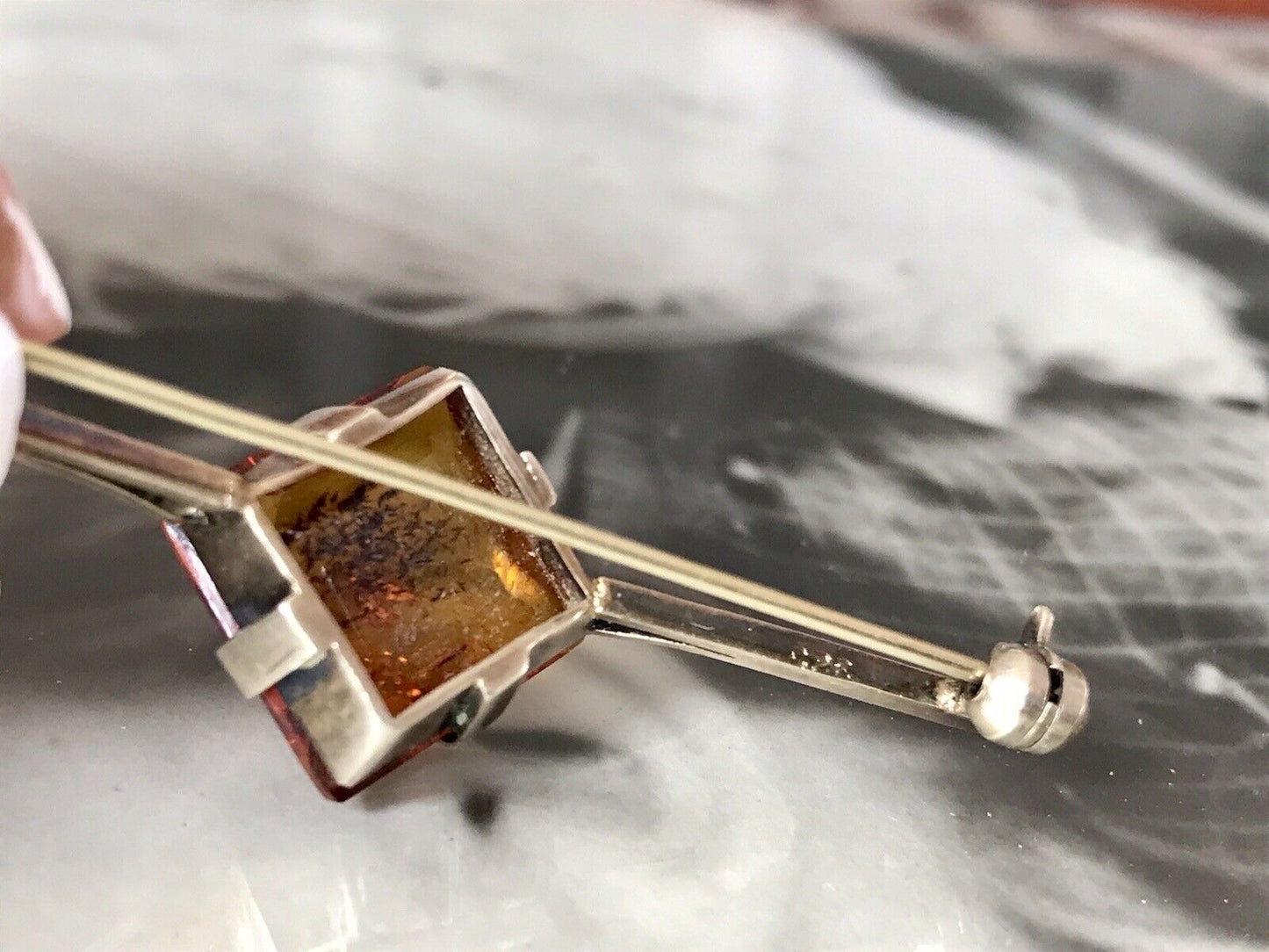 Antik Art Déco Edel Stabbrosche Silber 925 Bernstein vergoldet Brosche