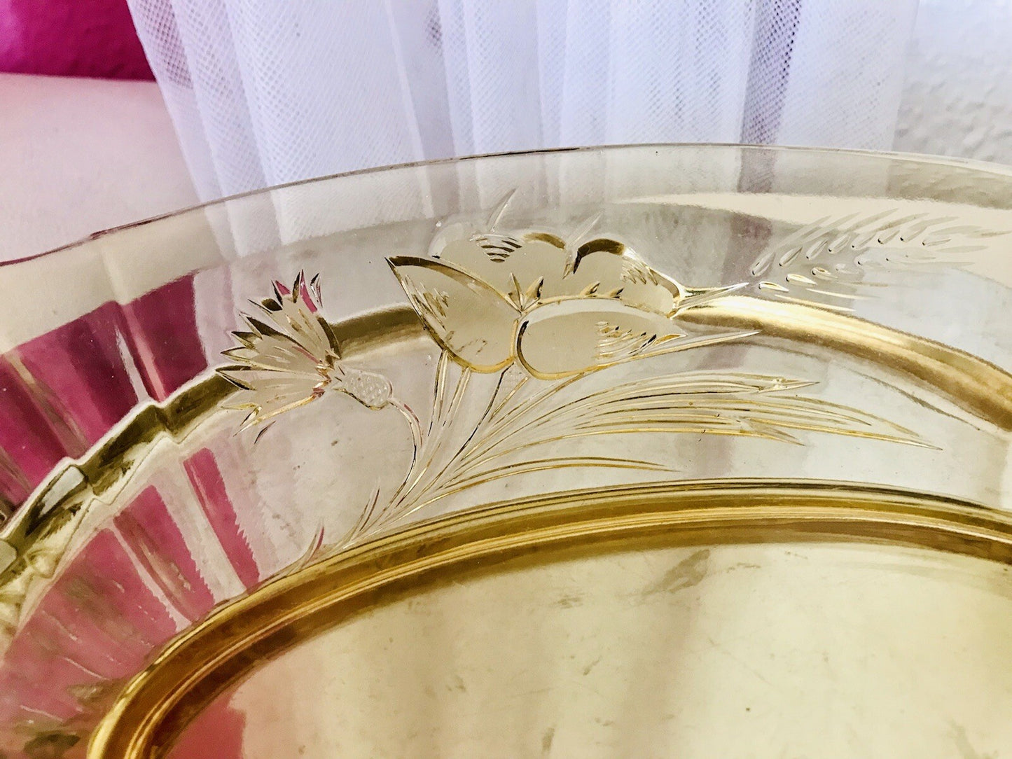 Antik Art Déco Bernstein Farbe gelb Pressglas Schale Jardiniere Glas