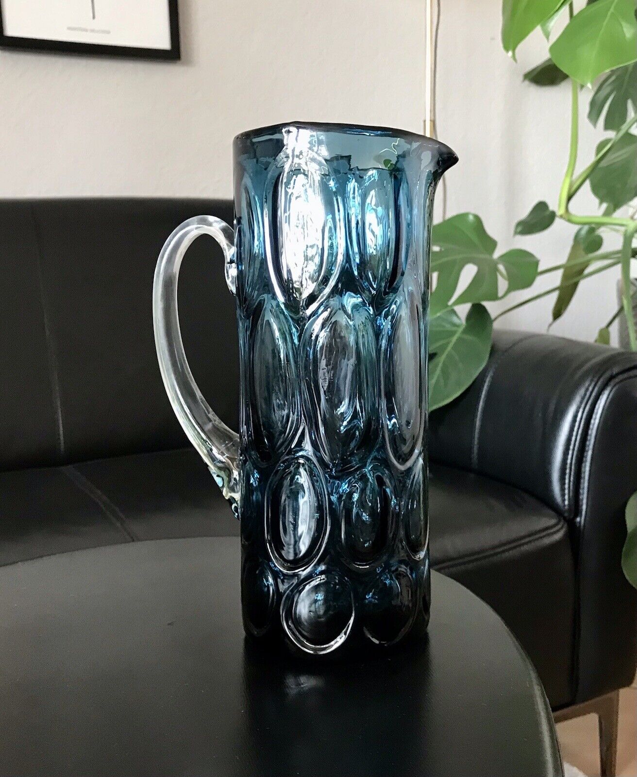 Vintage Designer 60er Krug Kanne Karaffe Space Age Glas Bubble Struktur blau