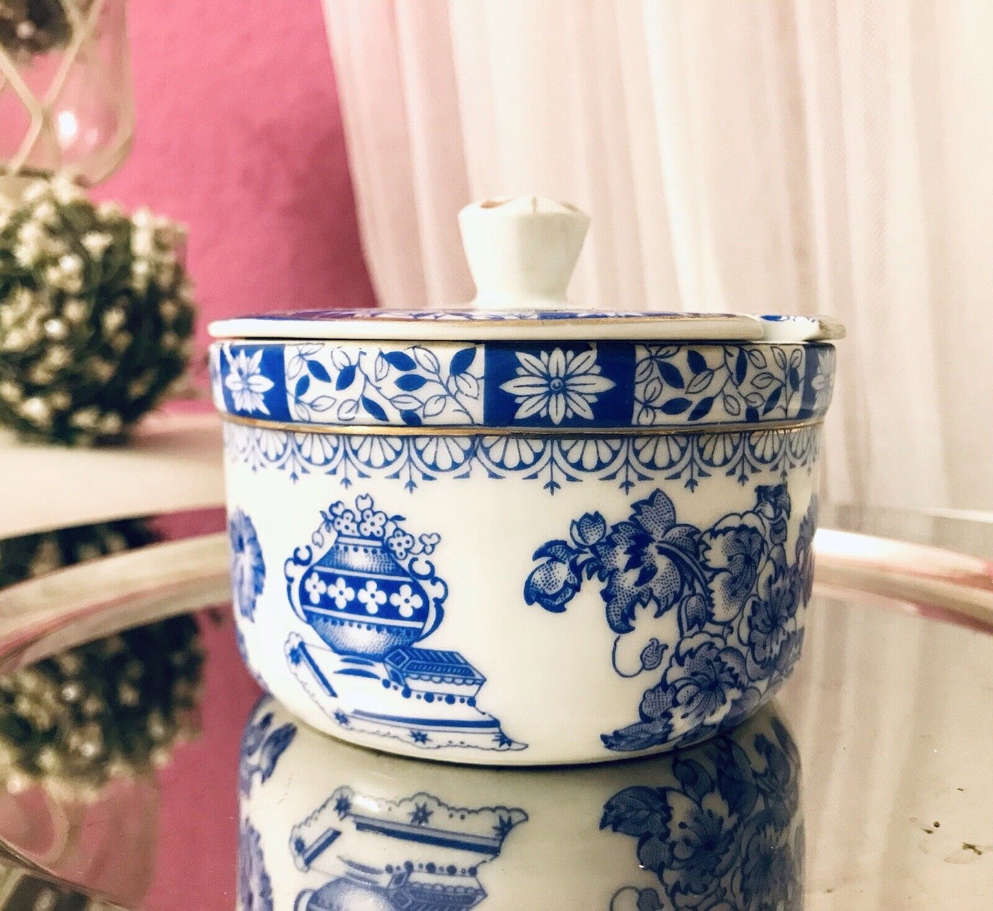 Antik Art Déco Porzellan Deckeldose Dose China Blau Oscar Schaller ??