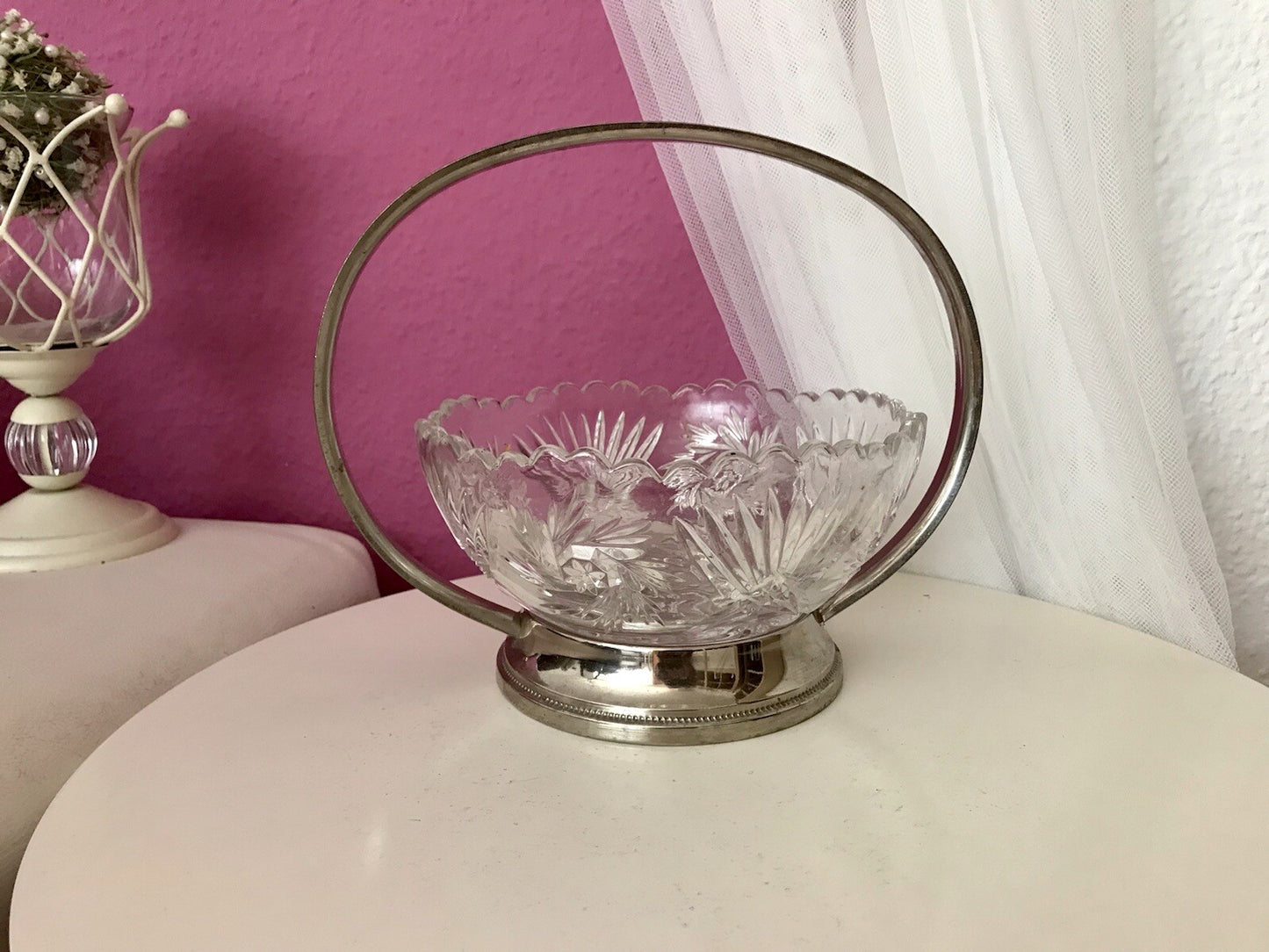 Antik Art Déco Schale Tafelaufsatz Pressglas Metallmontur Korb