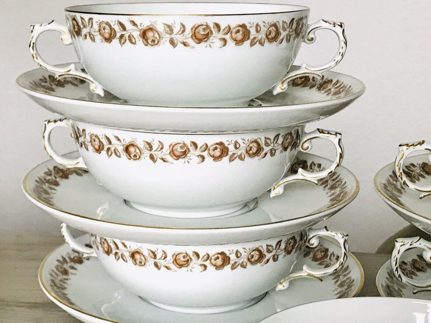 Vintage Porzellan Tafelservice Fürstenberg 12 Suppentassen weiß braun gold