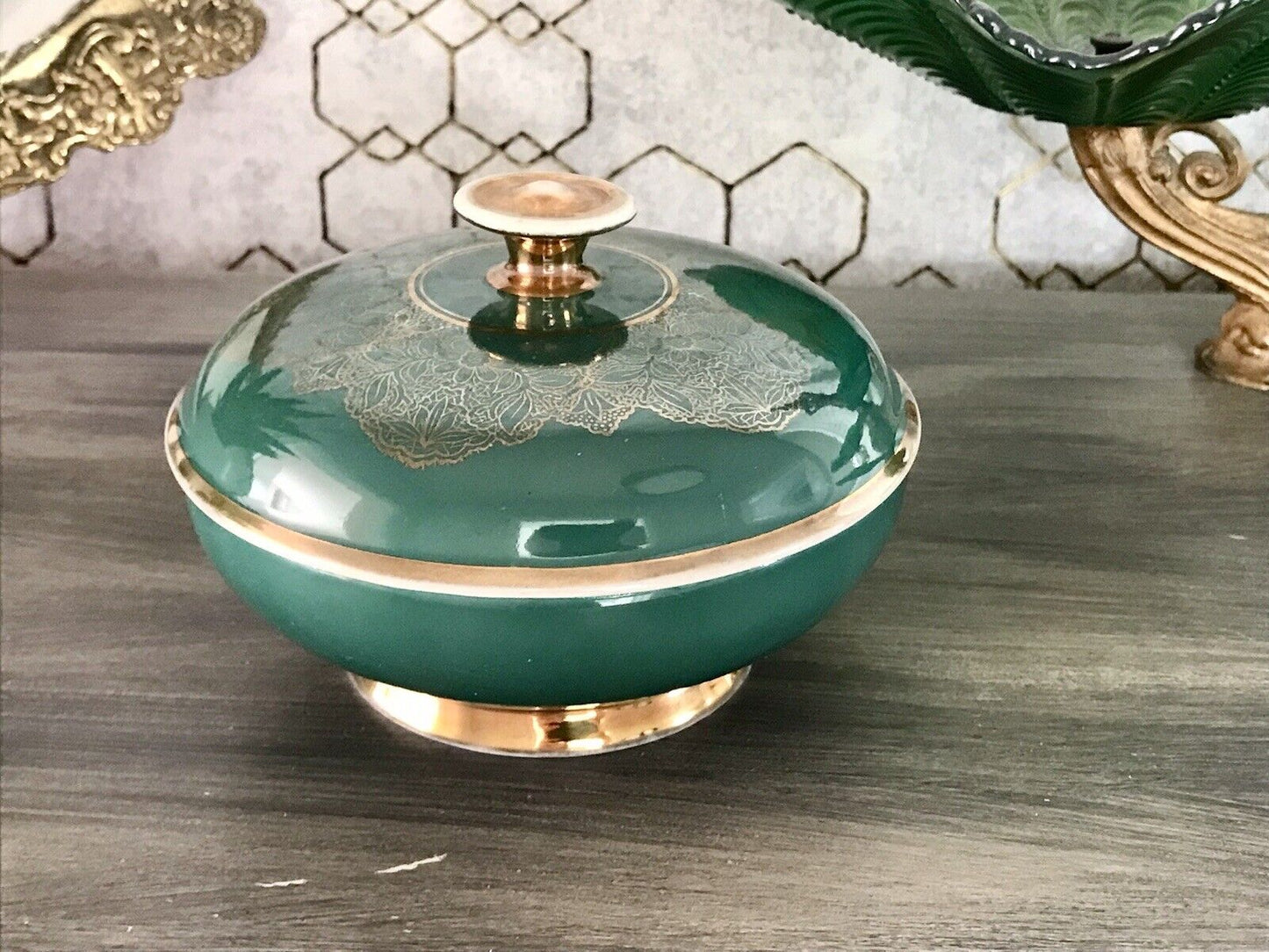Spätes Art Vintage 50er Porzellan Dose Deckeldose Bonboniere grün gold Seltmann