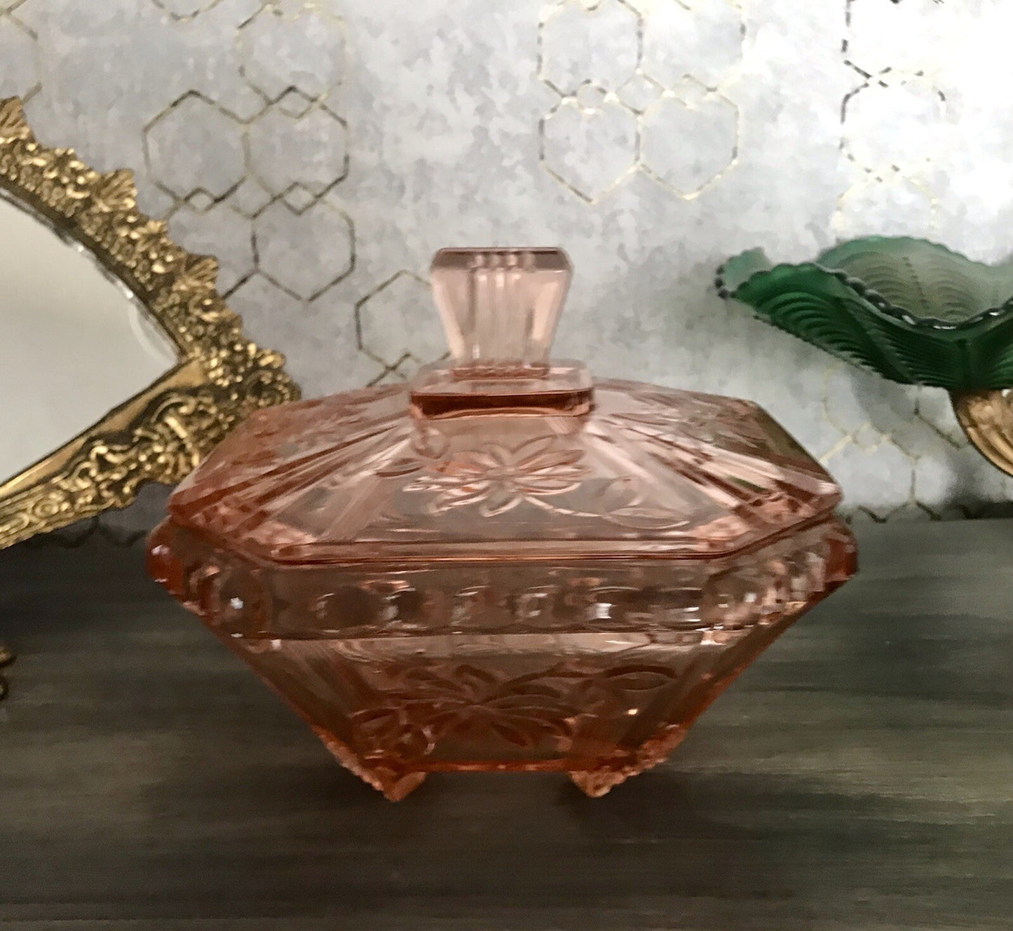 Antik Art Déco Dose Deckeldose Zierdose Pressglas Rosalin rosa Glas