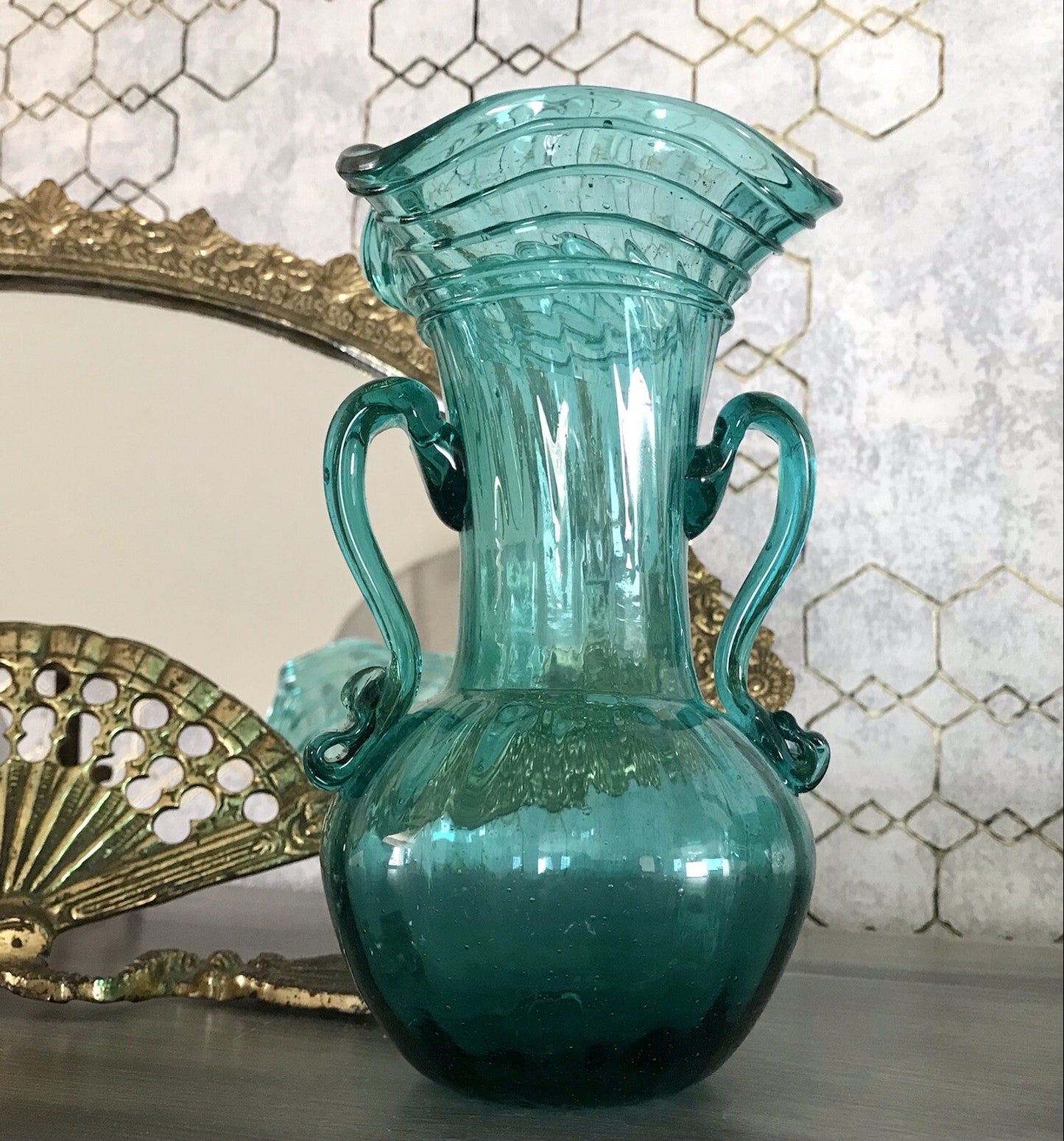 Antik Glasvase Vase Türkis Blau Glas Abriss Aufschmelzungen Murano?