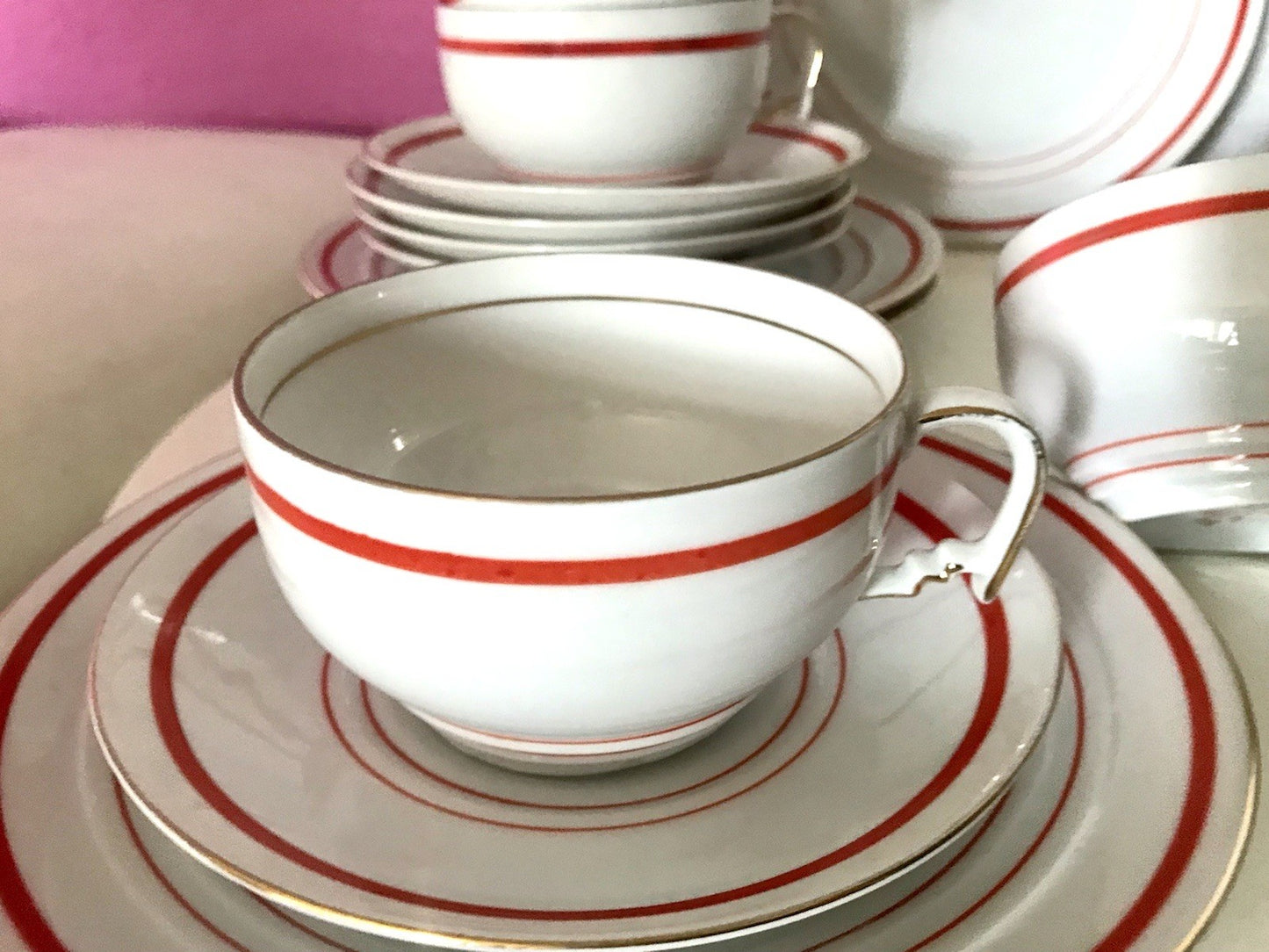 Antik Art Déco Porzellan Kaffeeservice weiß rot orange gemarkt deutsch Bauhaus