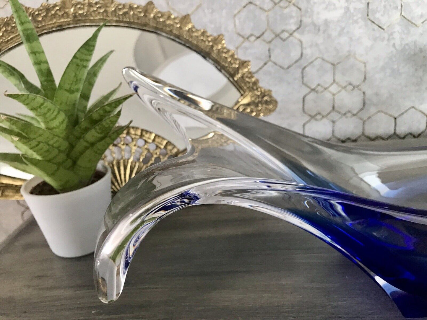Murano 60er 70er Jahre Schale Glas zipfelig blauer Zwischenfang im Klarglas