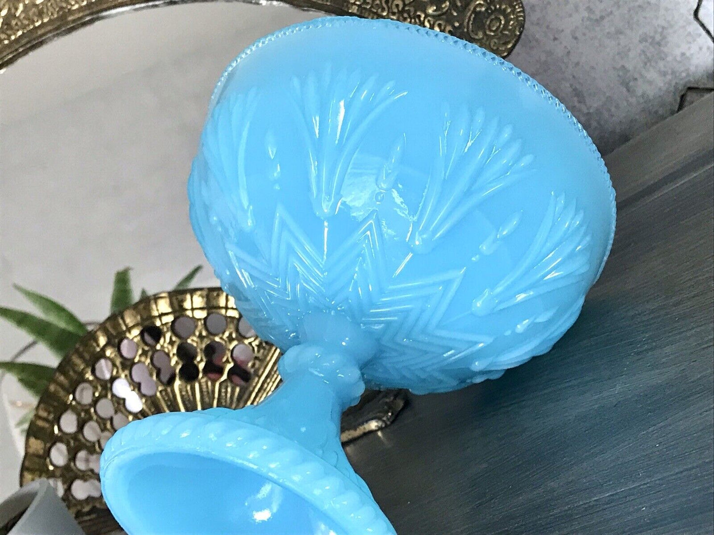 Antik Jugendstil Art Déco Pressglas Schale Fußschale Zuckerschale blau türkis