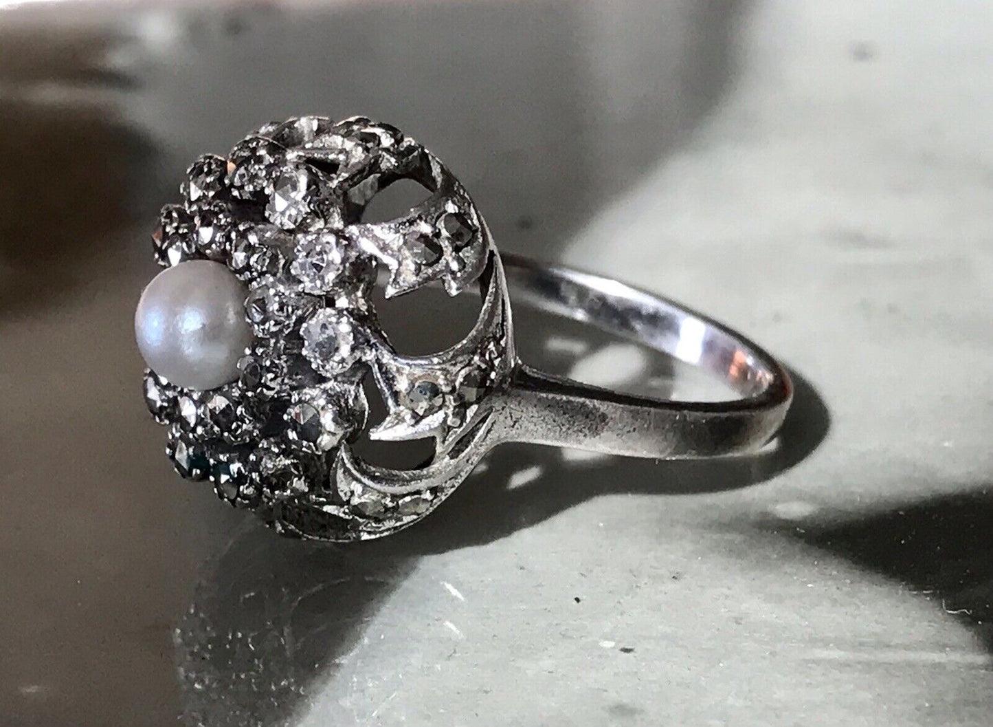 Antik Edel DAMEN Entourage RING Silber 835 Perle Markasite Gr.52