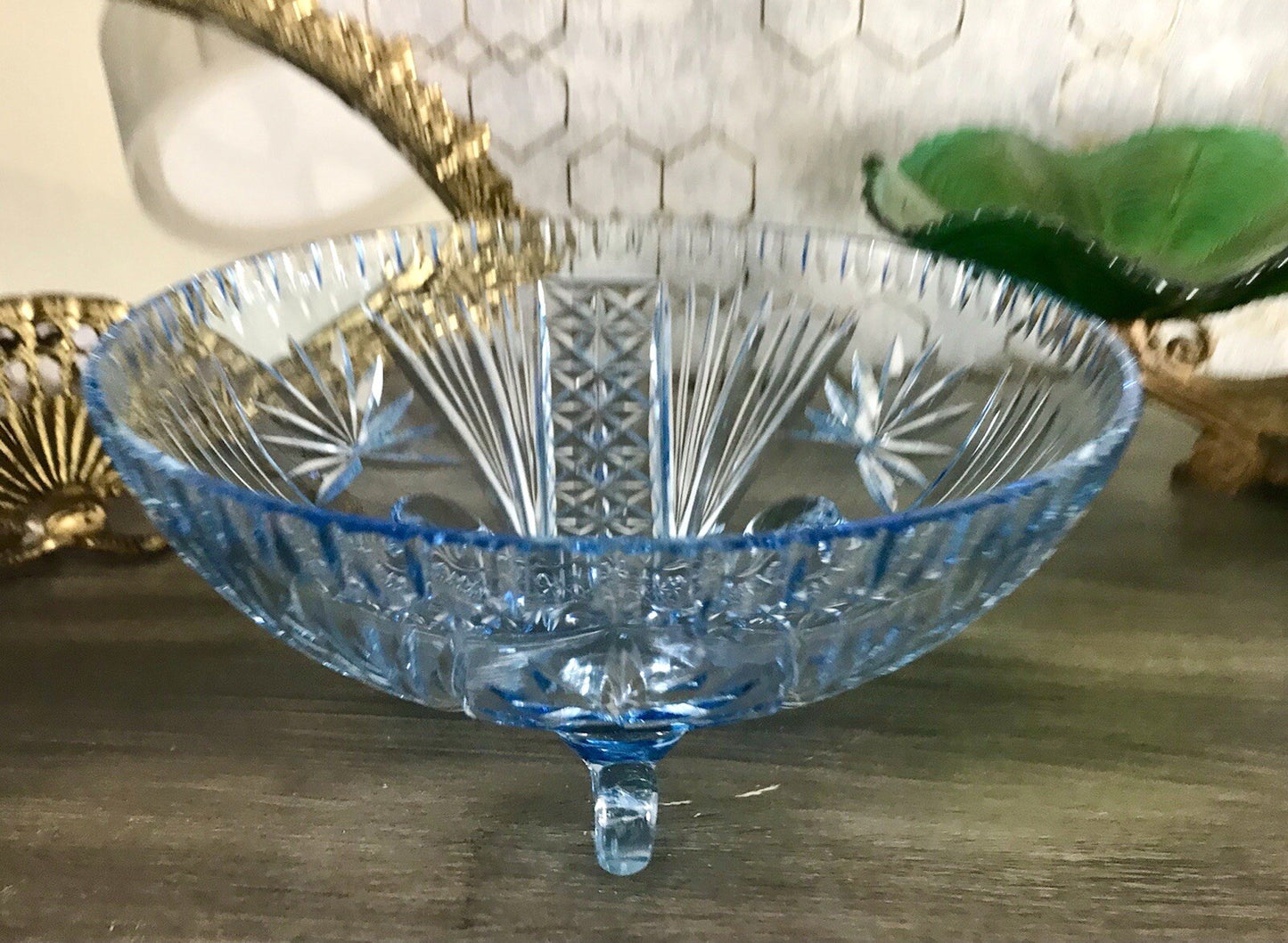 Antik EDEL blau Art Déco Schale Glasschale mundgeblasen geschliffen 3füssig