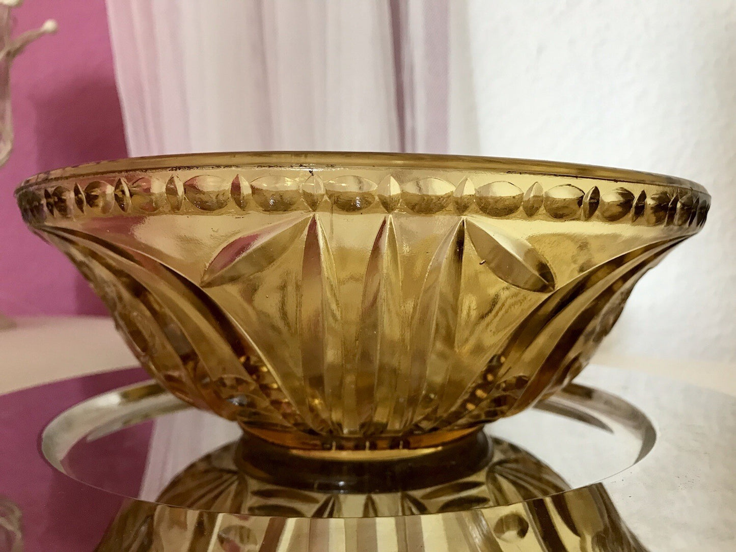 Antik Art Déco Vintage Pressglas Schale gelb Klatschmohn