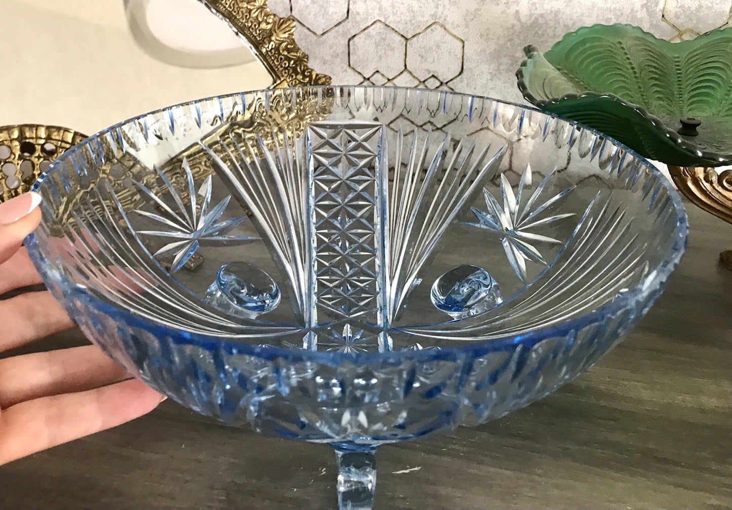 Antik EDEL blau Art Déco Schale Glasschale mundgeblasen geschliffen 3füssig