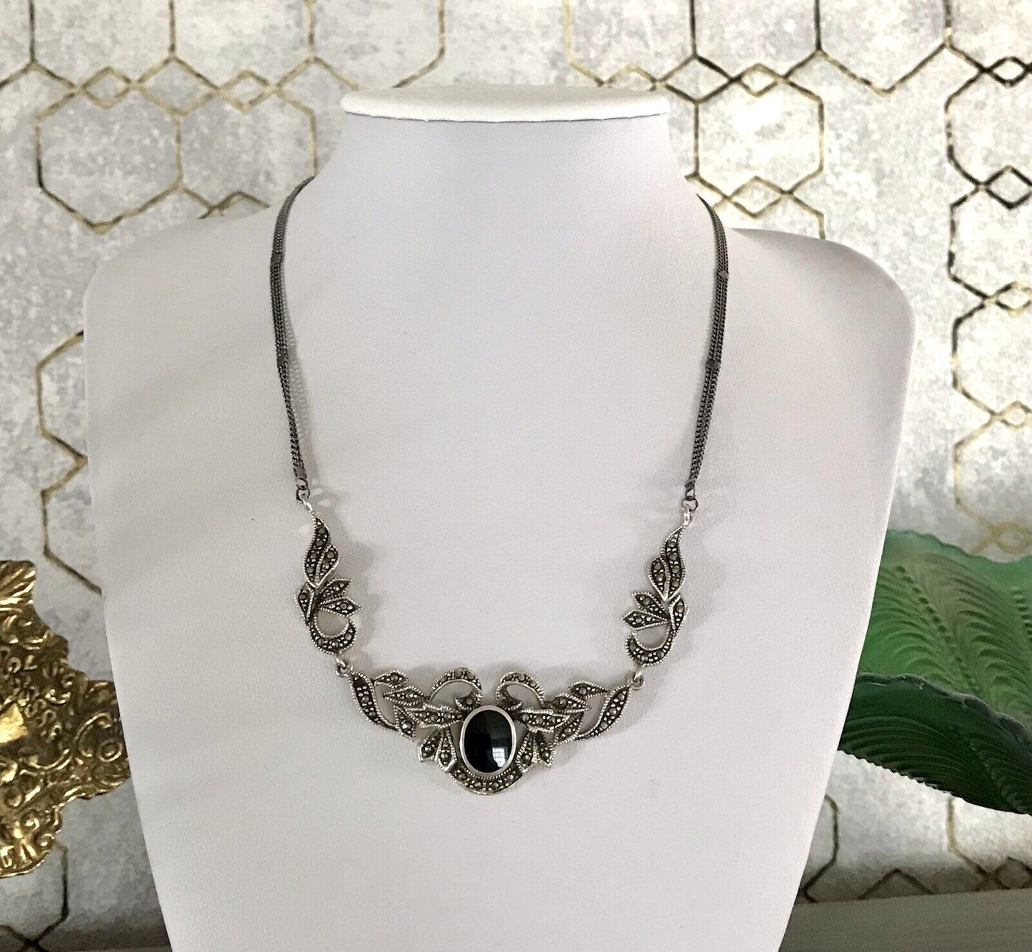 Antik Edel Jugendstil Art Déco 925 Silber Collier Halskette mit Onyx & Markasite