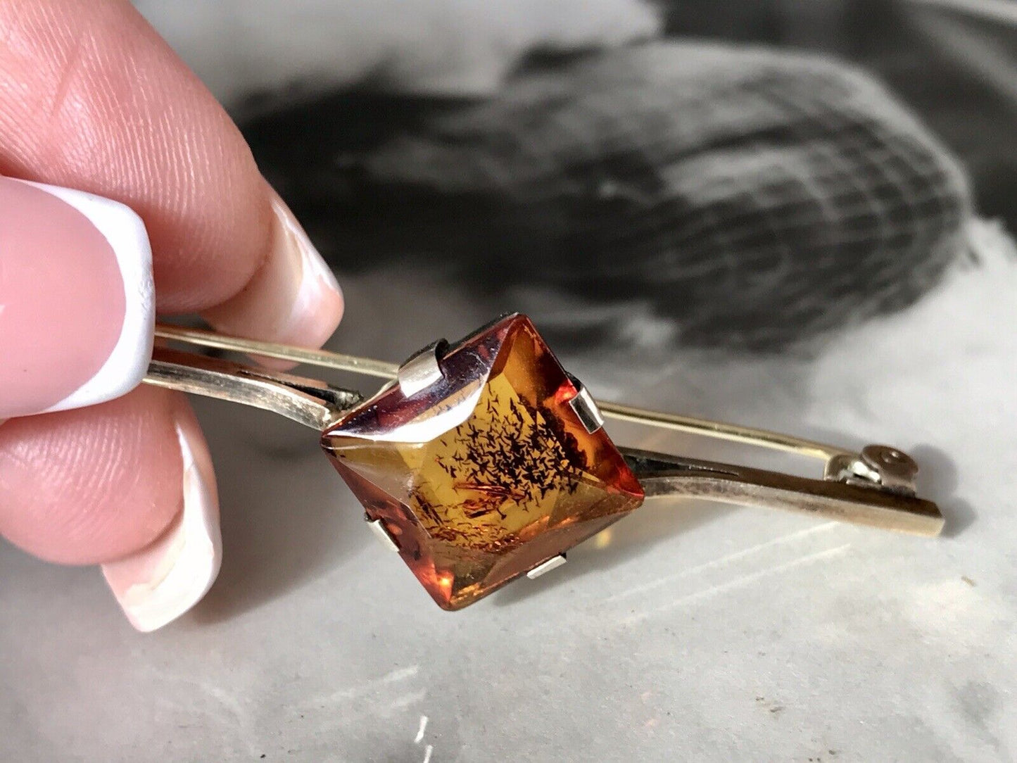 Antik Art Déco Edel Stabbrosche Silber 925 Bernstein vergoldet Brosche