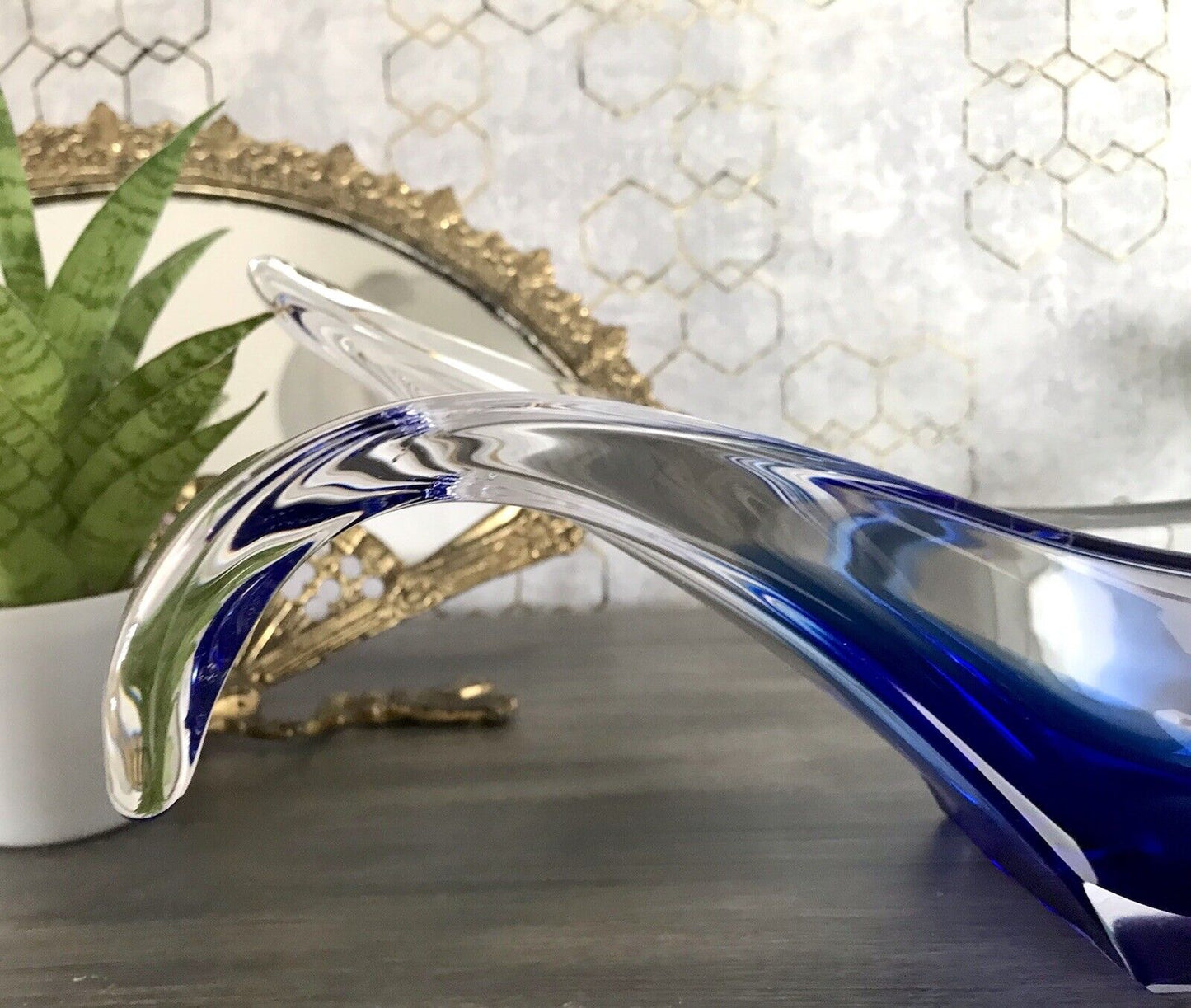 Murano 60er 70er Jahre Schale Glas zipfelig blauer Zwischenfang im Klarglas
