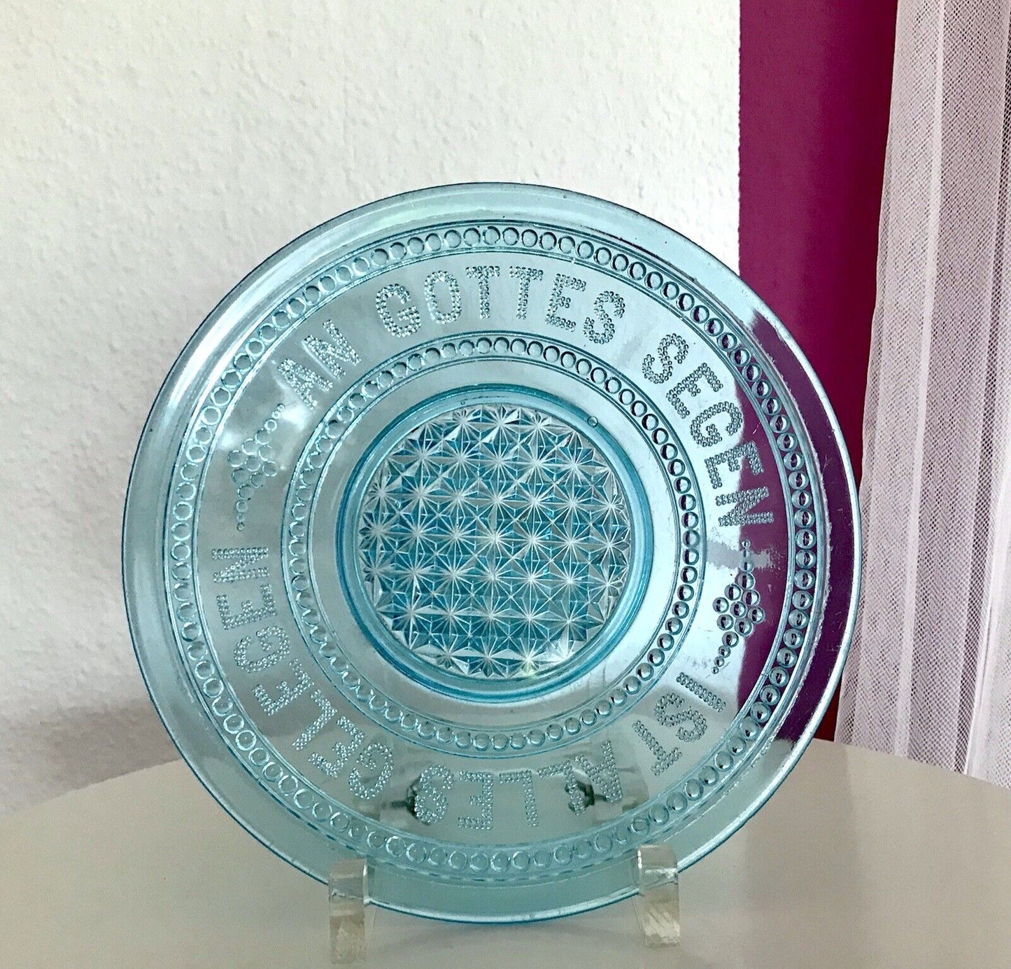 Antik Art Déco Pressglas Schale türkis blau An Gottes Segen ist alles gelegen