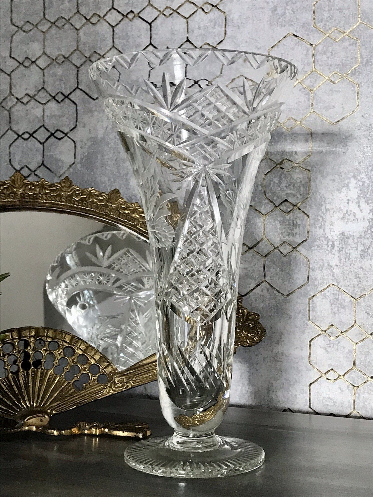 Antik Vase Glasvase Kristallglas geschliffen Art Déco Trichtervase Pokalvase
