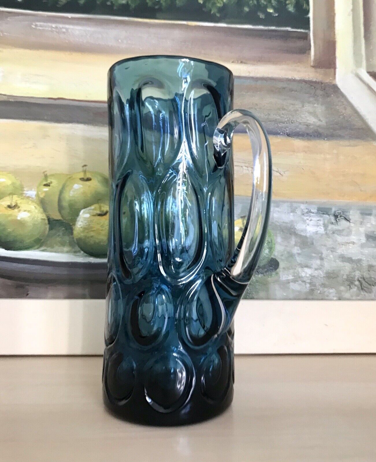 Vintage Designer 60er Krug Kanne Karaffe Space Age Glas Bubble Struktur blau