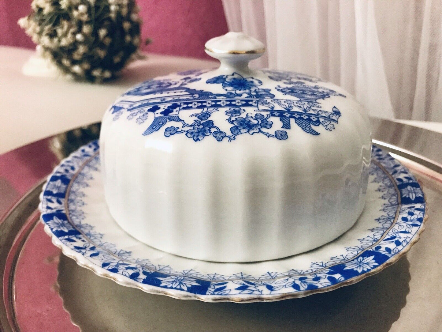 Antik Art Déco Porzellan Butterdose Dose China Blau