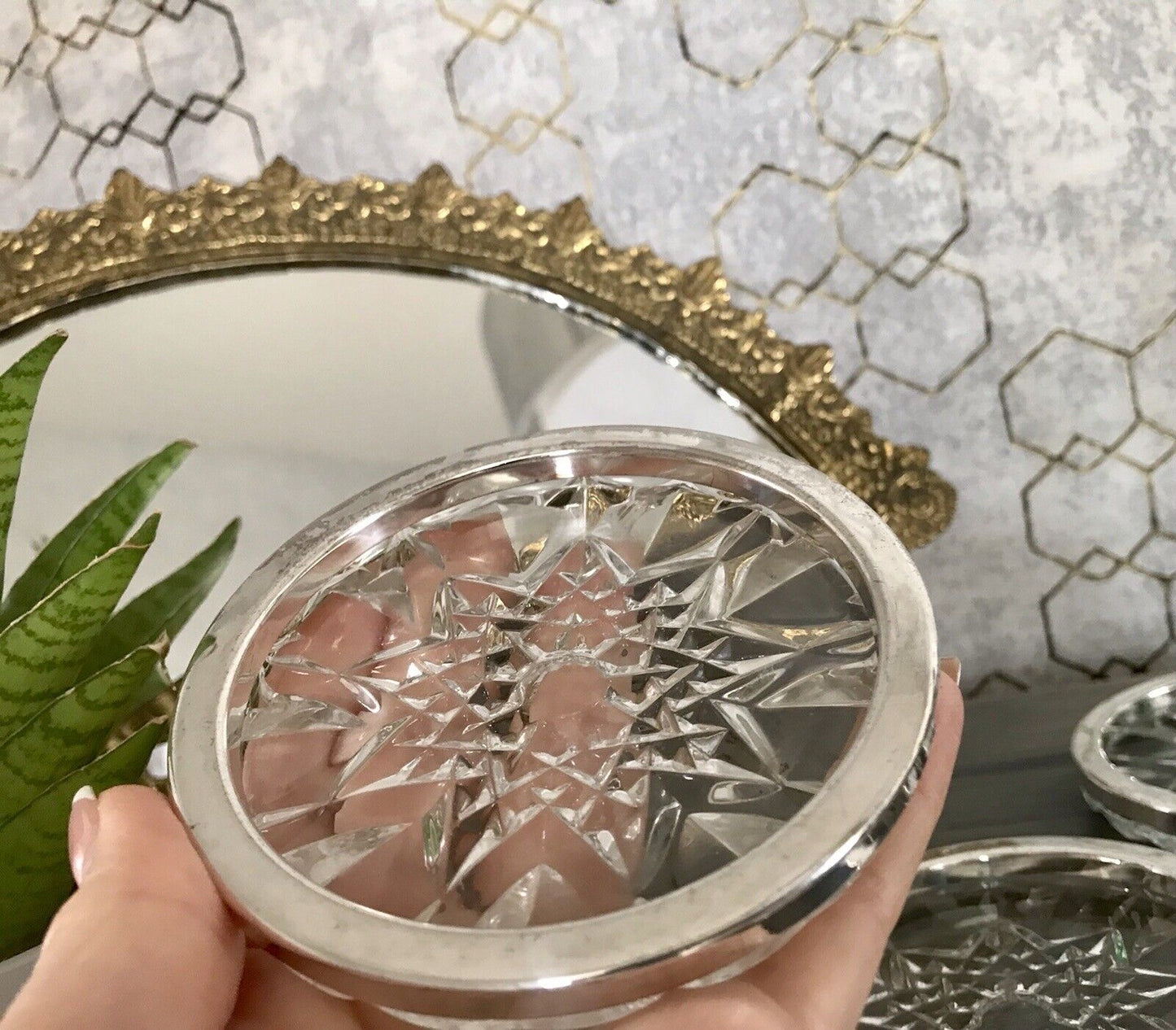 Vintage 6x Untersetzer für Weingläser Glas Kristallglas Bleikristall versilbert