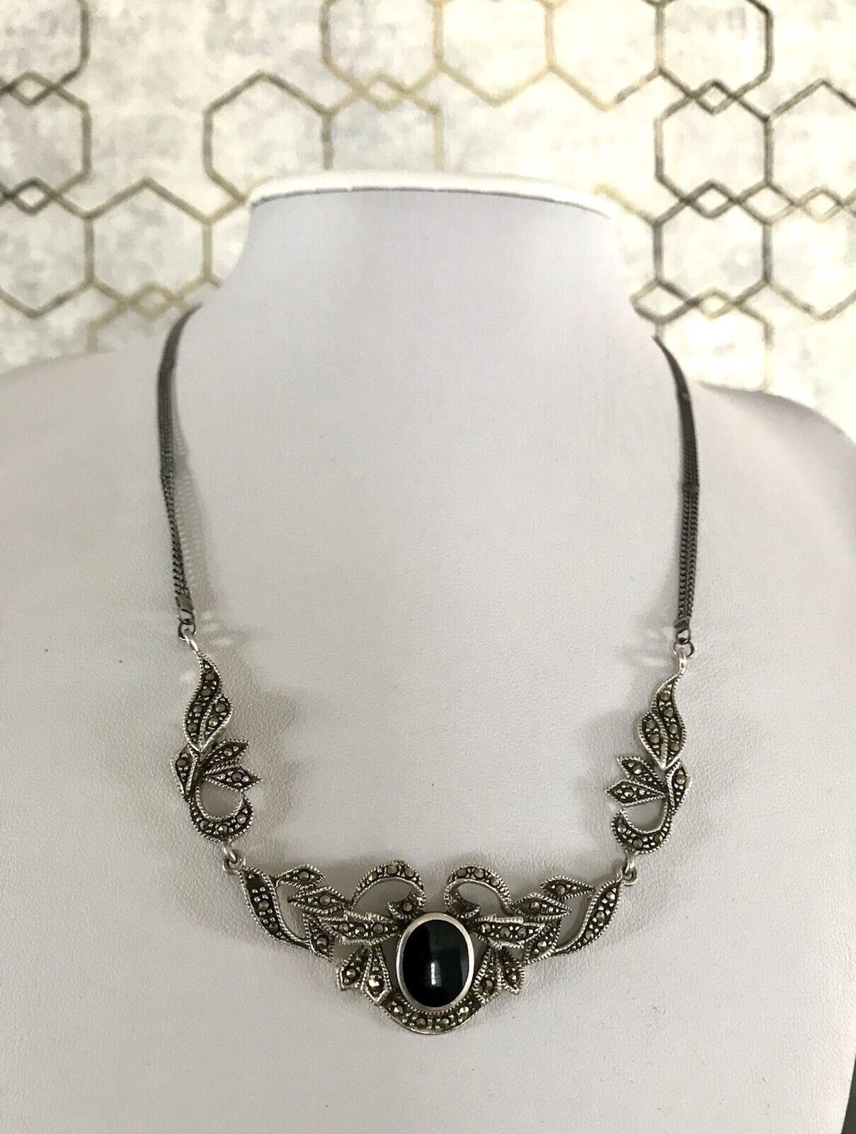 Antik Edel Jugendstil Art Déco 925 Silber Collier Halskette mit Onyx & Markasite