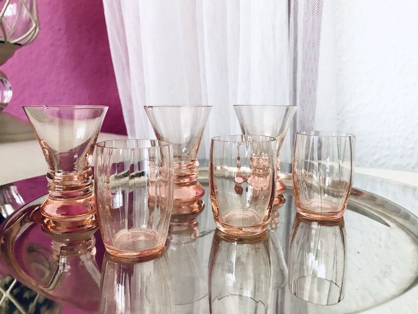 Antik ~1900 -20 6x Schnapsgläser Likör Gläser Pinchen optisch gerippt Glas rosa